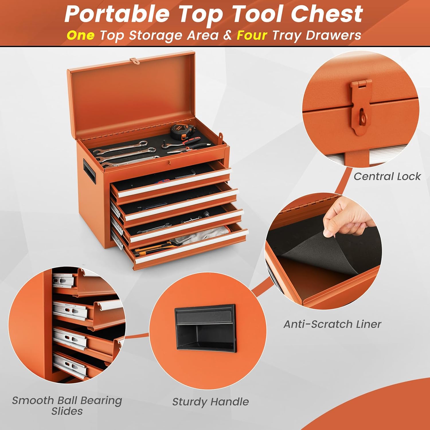 Orange Rolling 5-Drawer Tool Chest Detachable Top Shelf