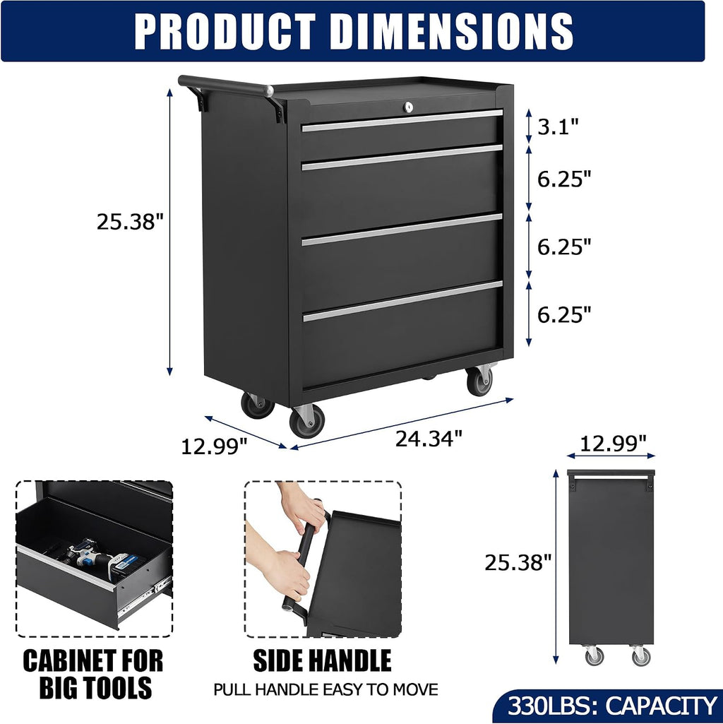 Black Rolling 4-Drawer Lockable Heavy Duty Tool Chest Cart