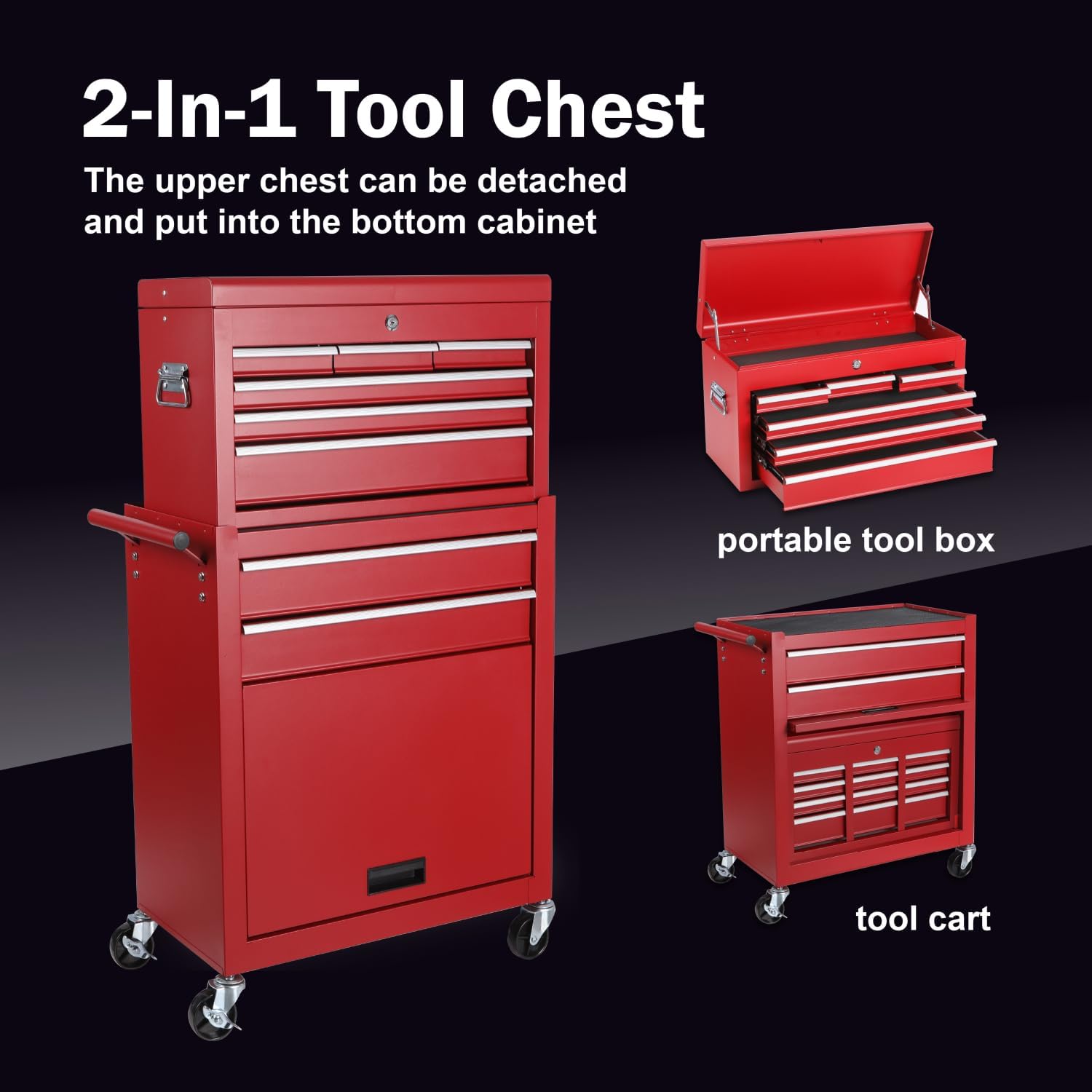 Rolling 8-Drawer Tool Cabinet Detachable Lockable Top Box