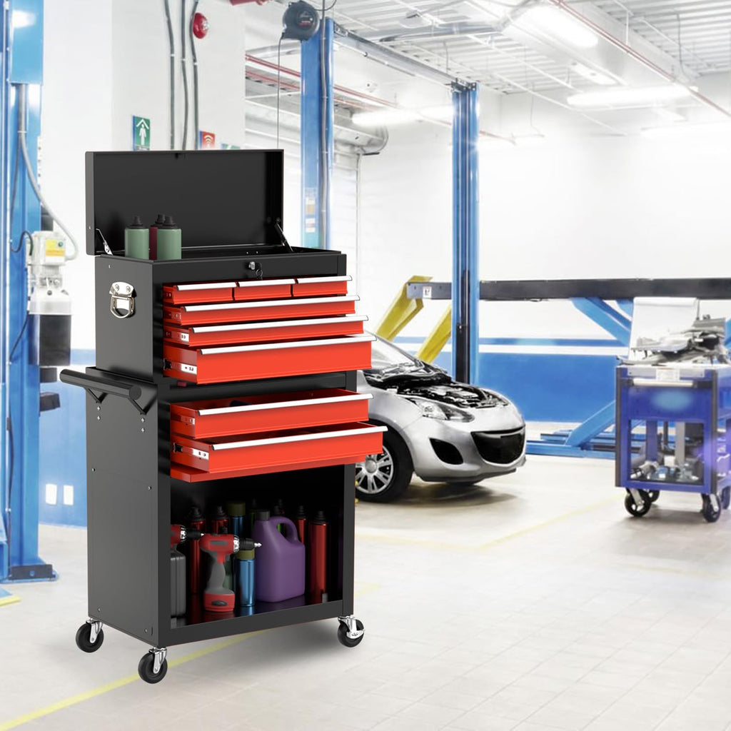 Black Red Rolling 8-Drawer Lockable Detachable Tool Chest