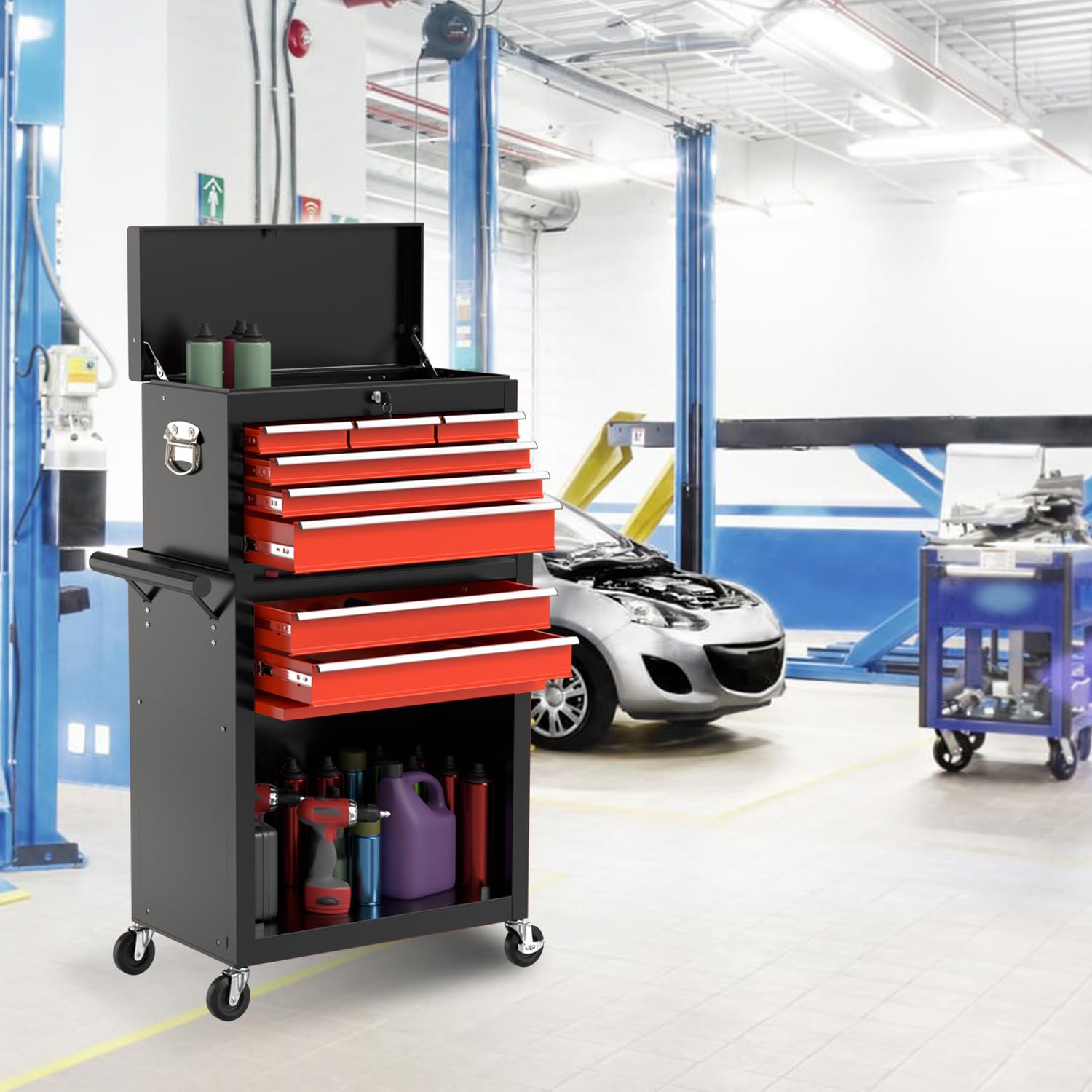 Black Red Rolling 8-Drawer Lockable Detachable Tool Chest