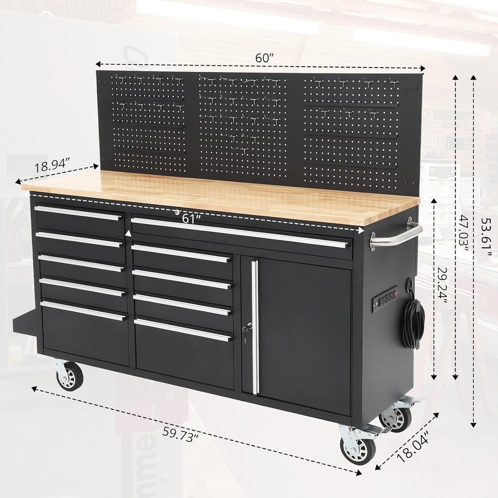 61in 10-Drawer Rolling Workbench Rubber Wood Top Power Strip