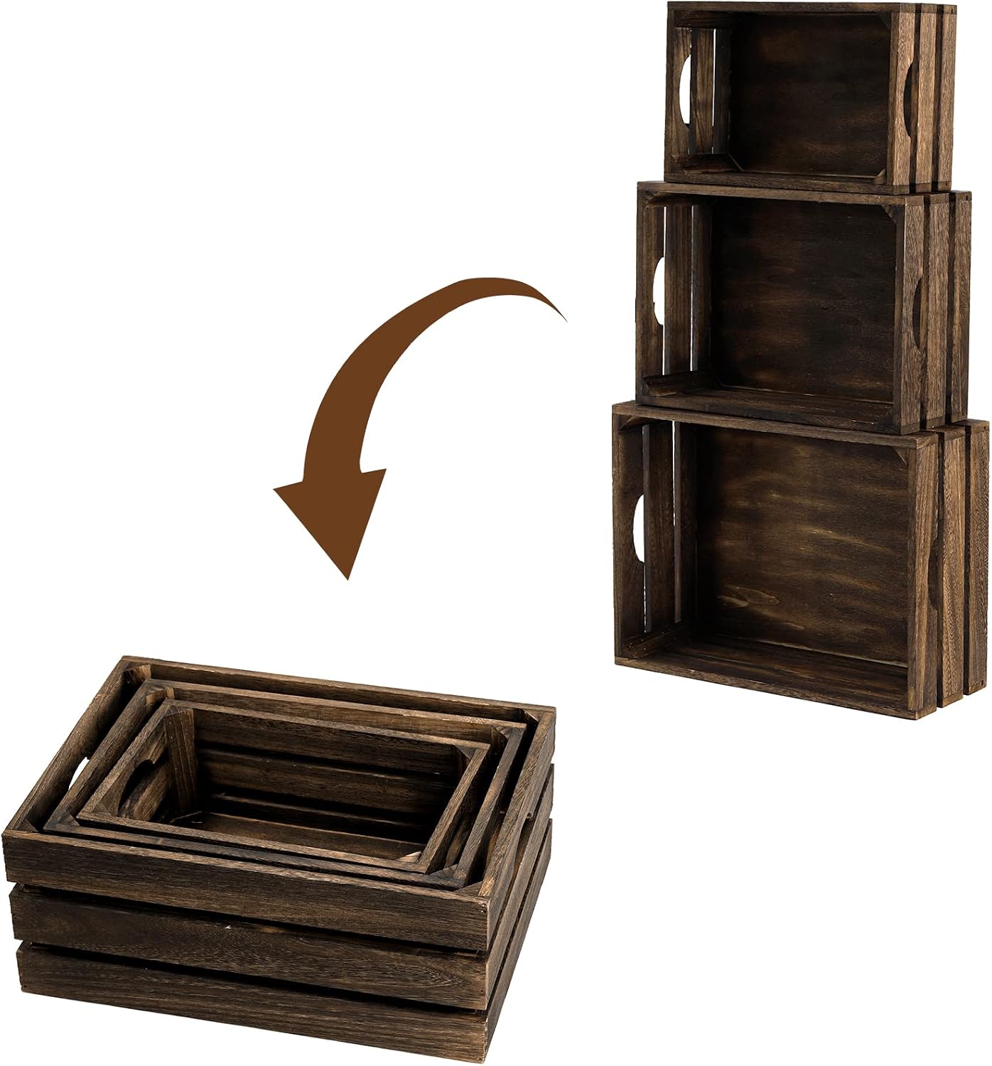 3 Pack Rustic Nesting Wood Crates With Handles Storage