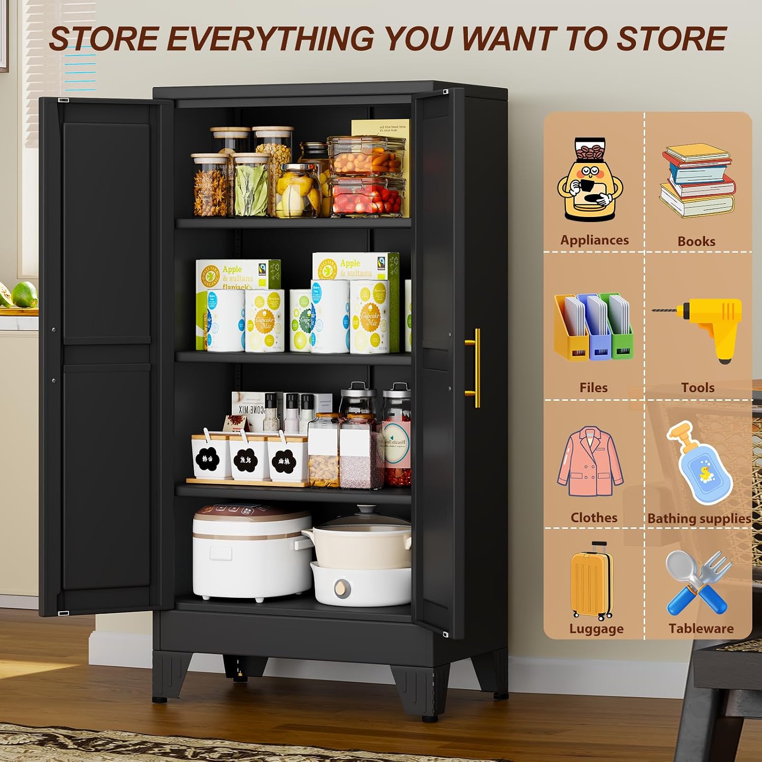 Black Steel Storage Cabinet Multi-Scene Adjustable Shelves