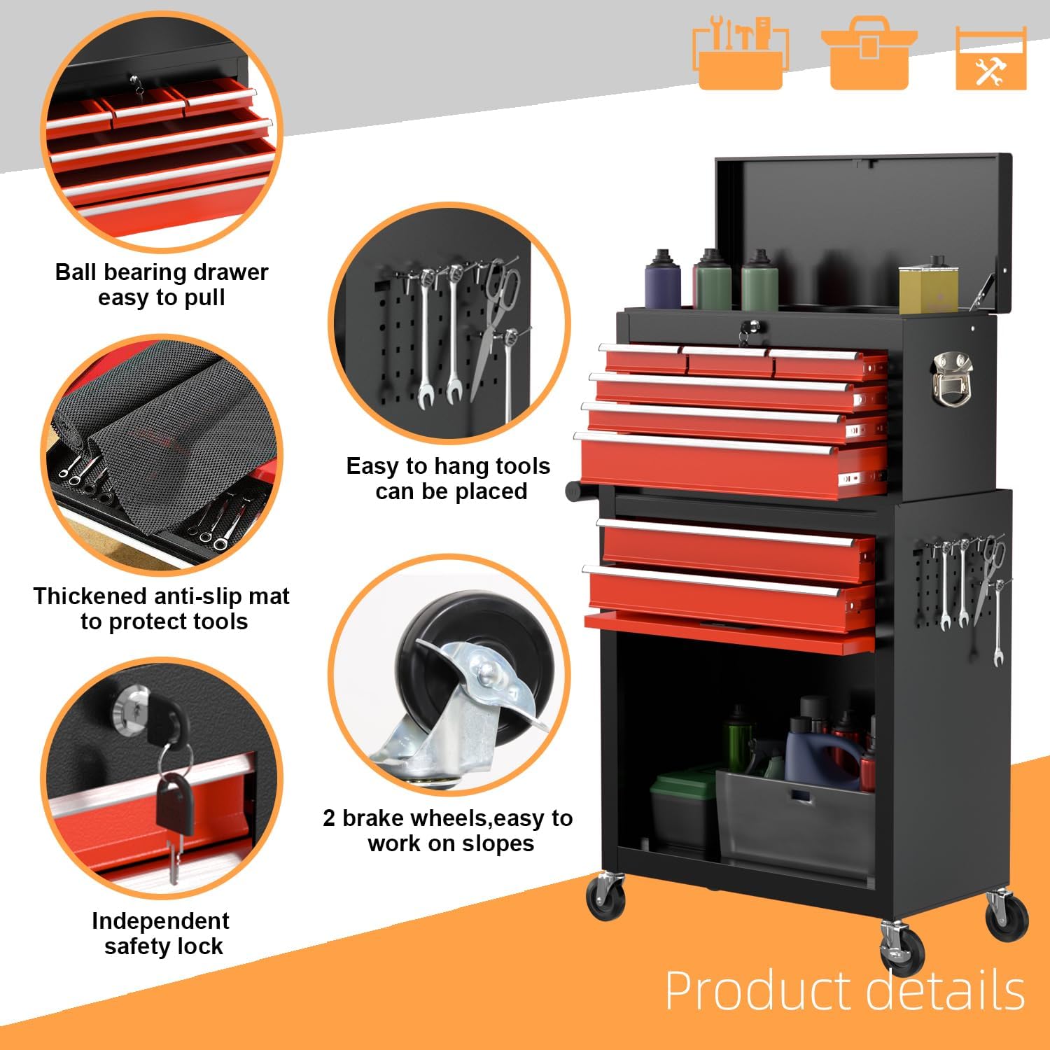 Black Red Rolling 8-Drawer Lockable Detachable Tool Chest