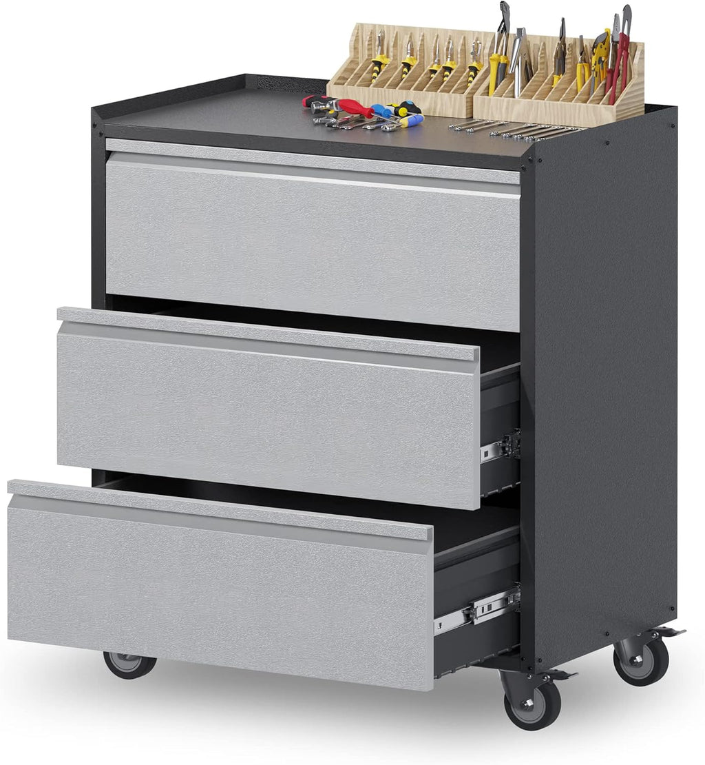35.4in Rolling Metal Tool Cabinet 3 Drawers Workbench Top