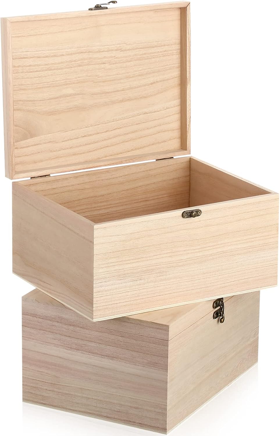 2 Pack Unfinished Wood Storage Box Hinged Lid Clasp