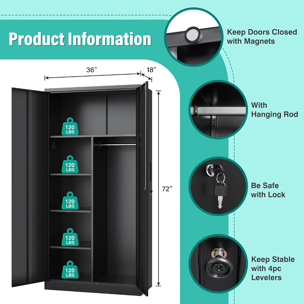 Black Tall Lockable Metal Wardrobe Garage Storage Cabinet