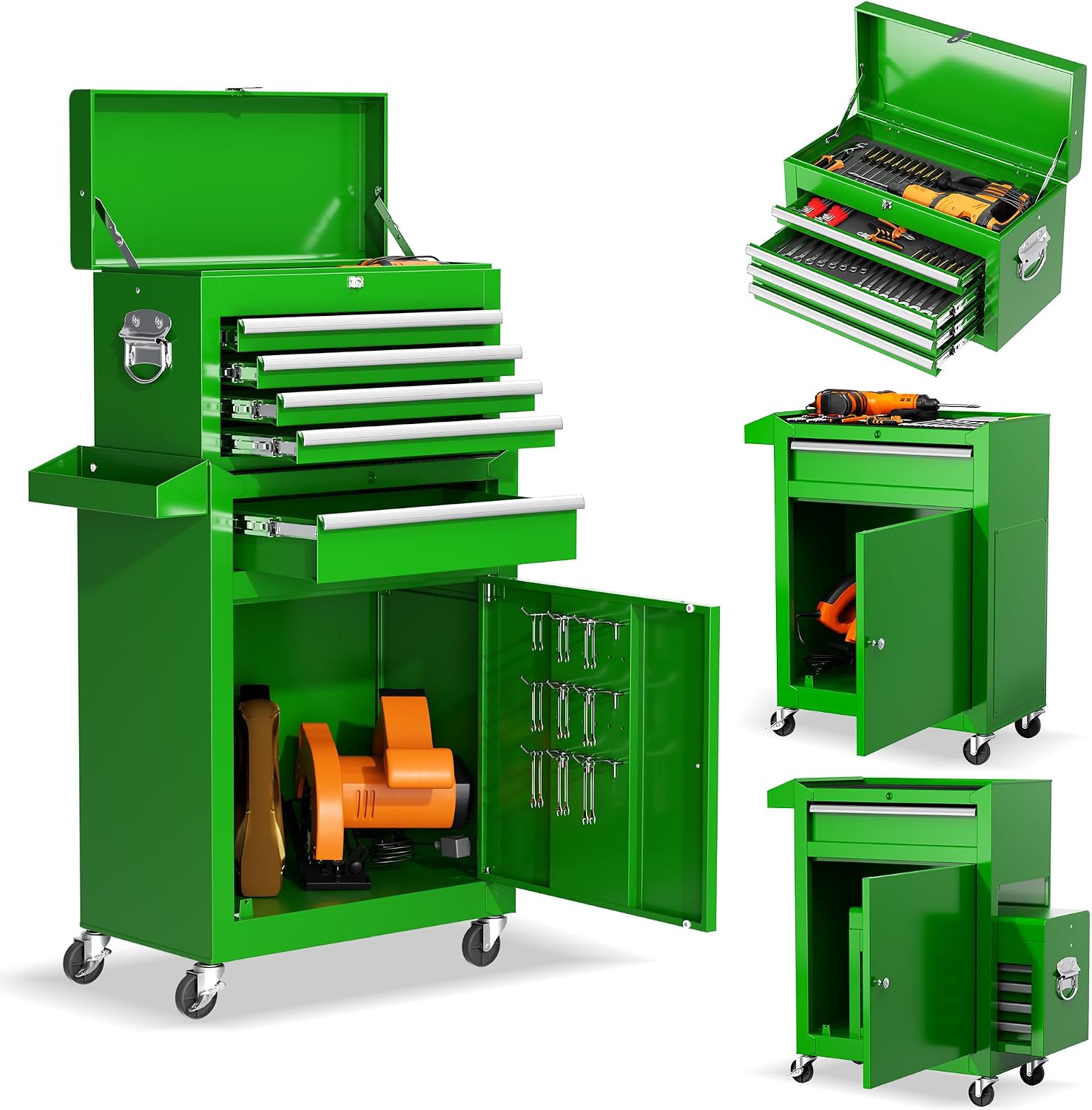 Green 5-Drawer Rolling Steel Tool Cabinet Lockable Wheels