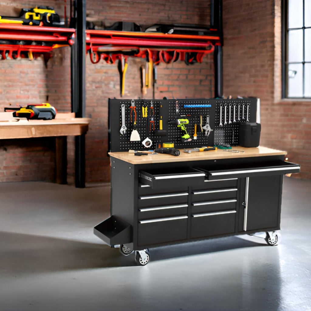 61in 10-Drawer Rolling Workbench Rubber Wood Top Power Strip