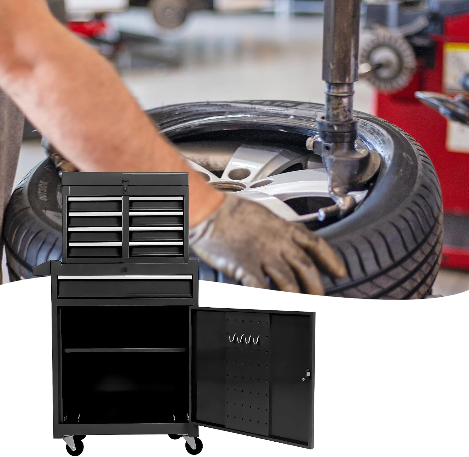 Black Rolling 5-Drawer Tool Cabinet Slides Hanging Panel