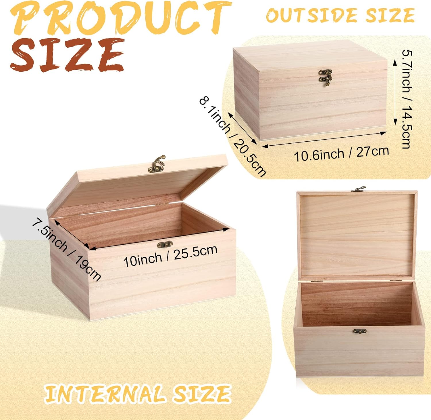 2 Pack Unfinished Wood Storage Box Hinged Lid Clasp