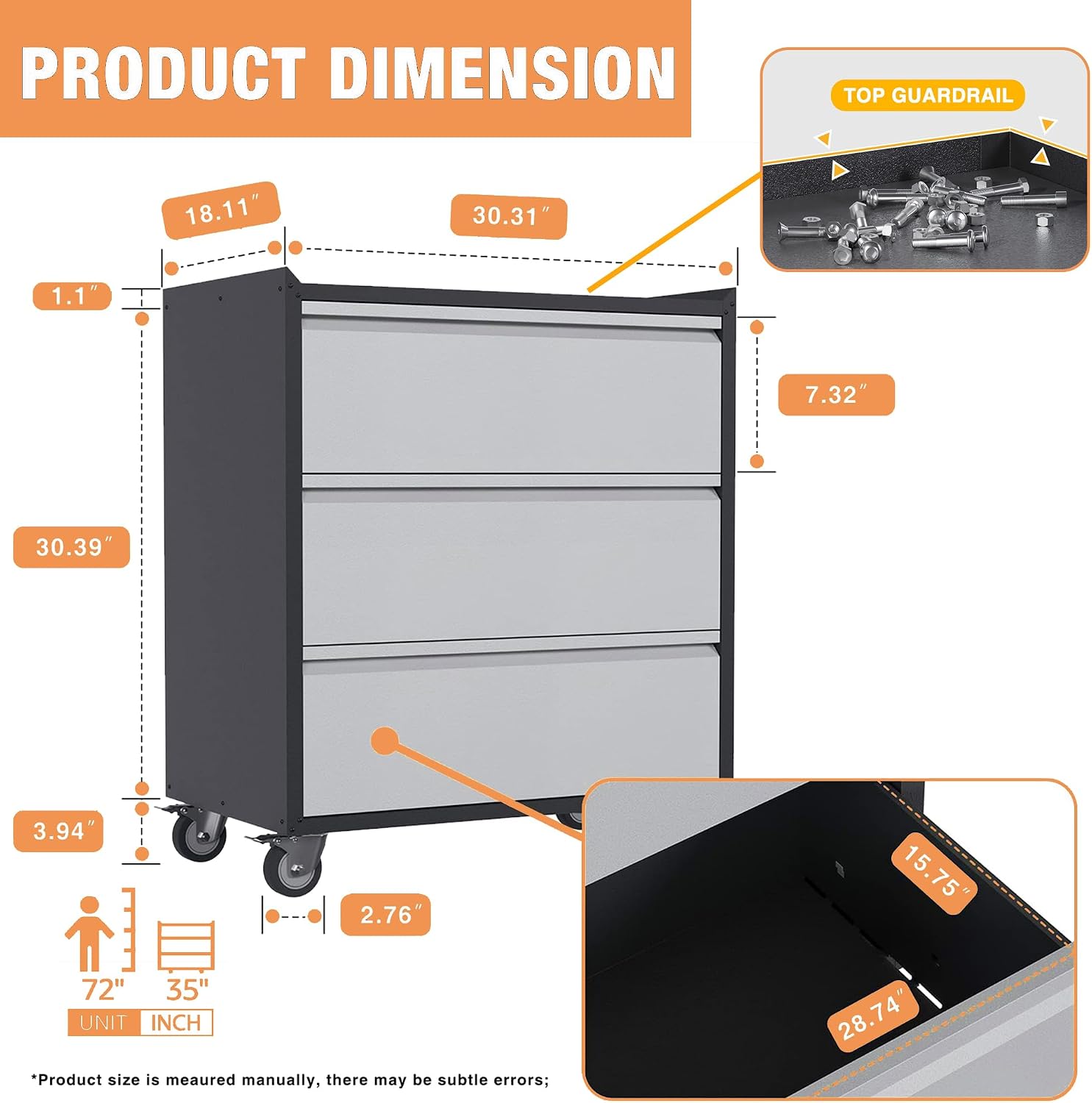35.4in Rolling Metal Tool Cabinet 3 Drawers Workbench Top