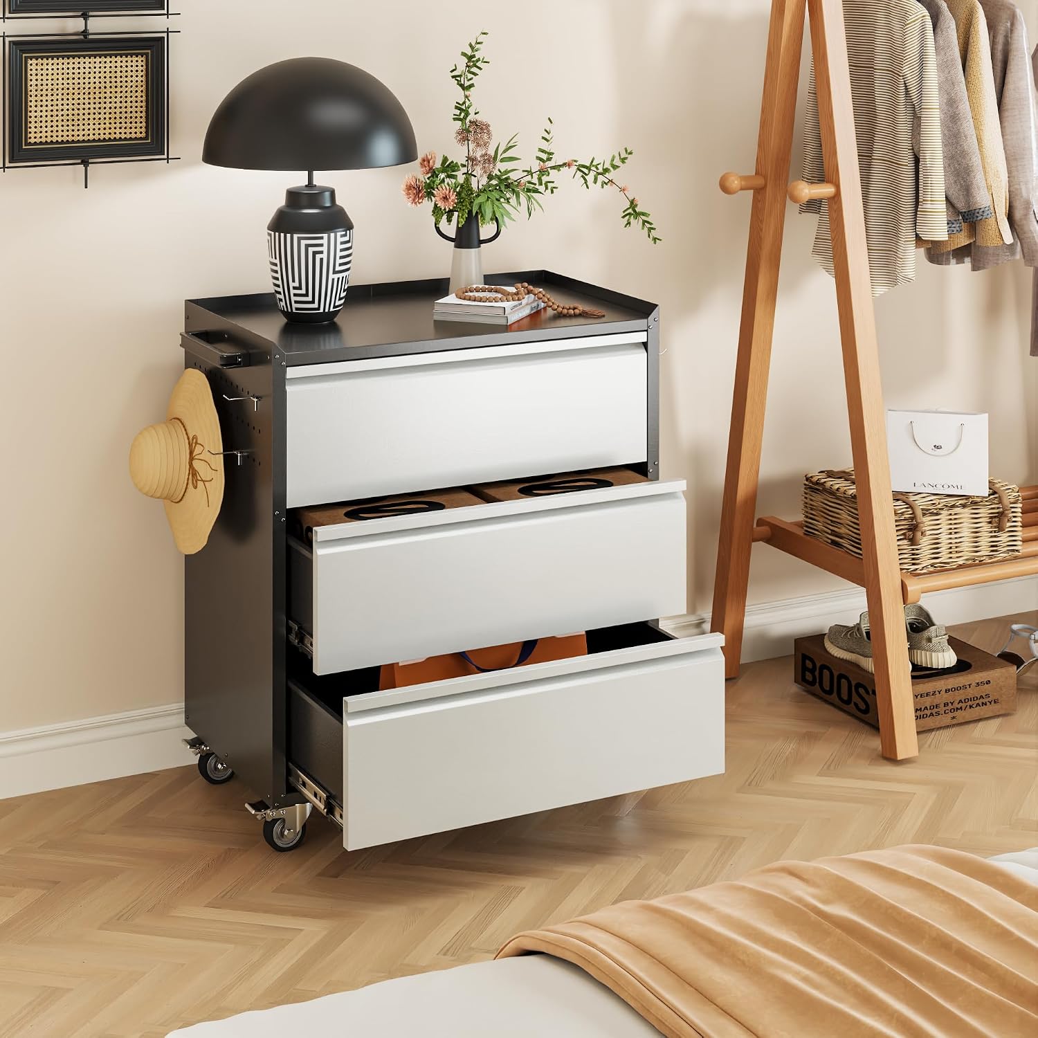 Rolling Metal Tool Cabinet Pegboards Lockable Casters Handle