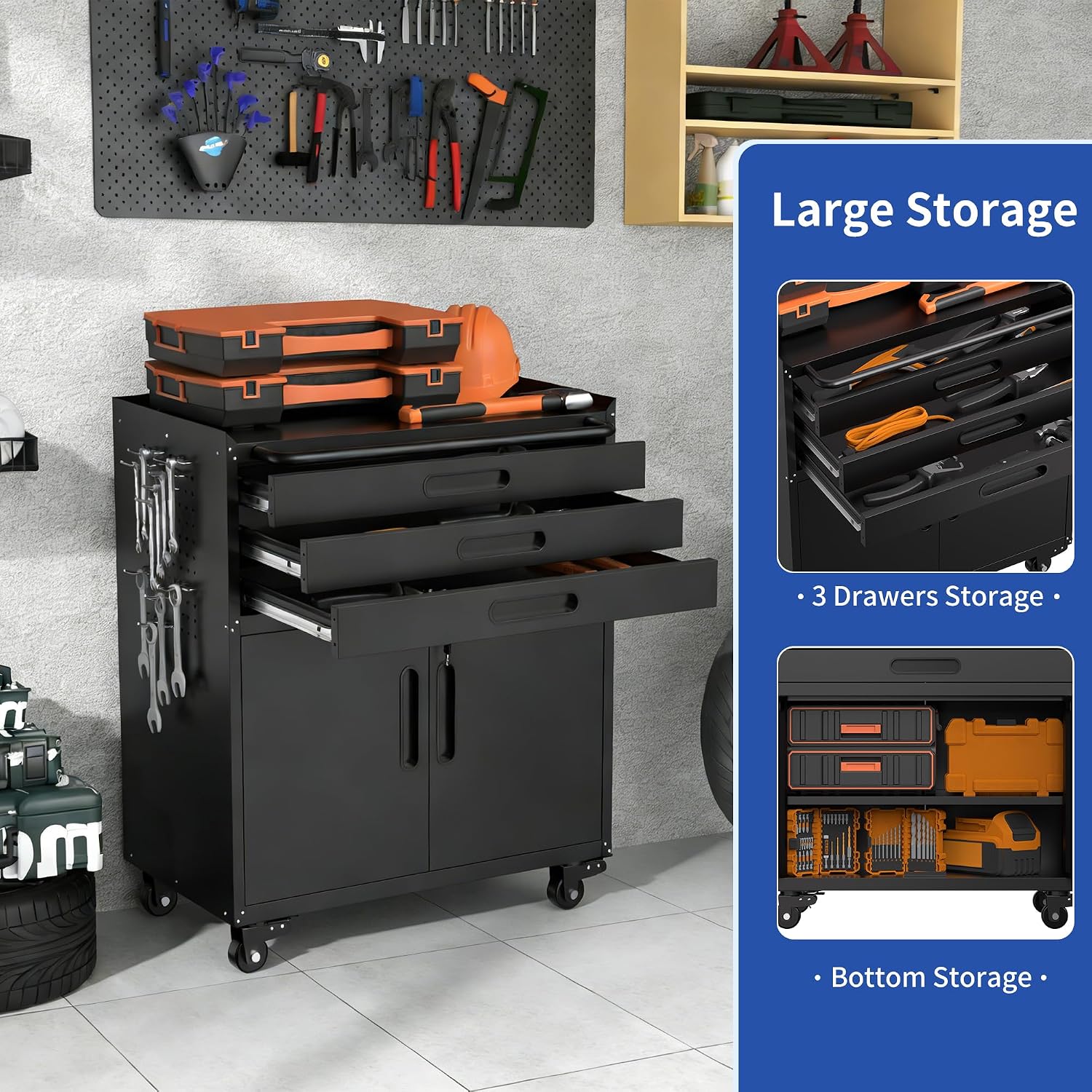 Lockable Rolling Metal Tool Cabinet 3 Drawers Garage Storage
