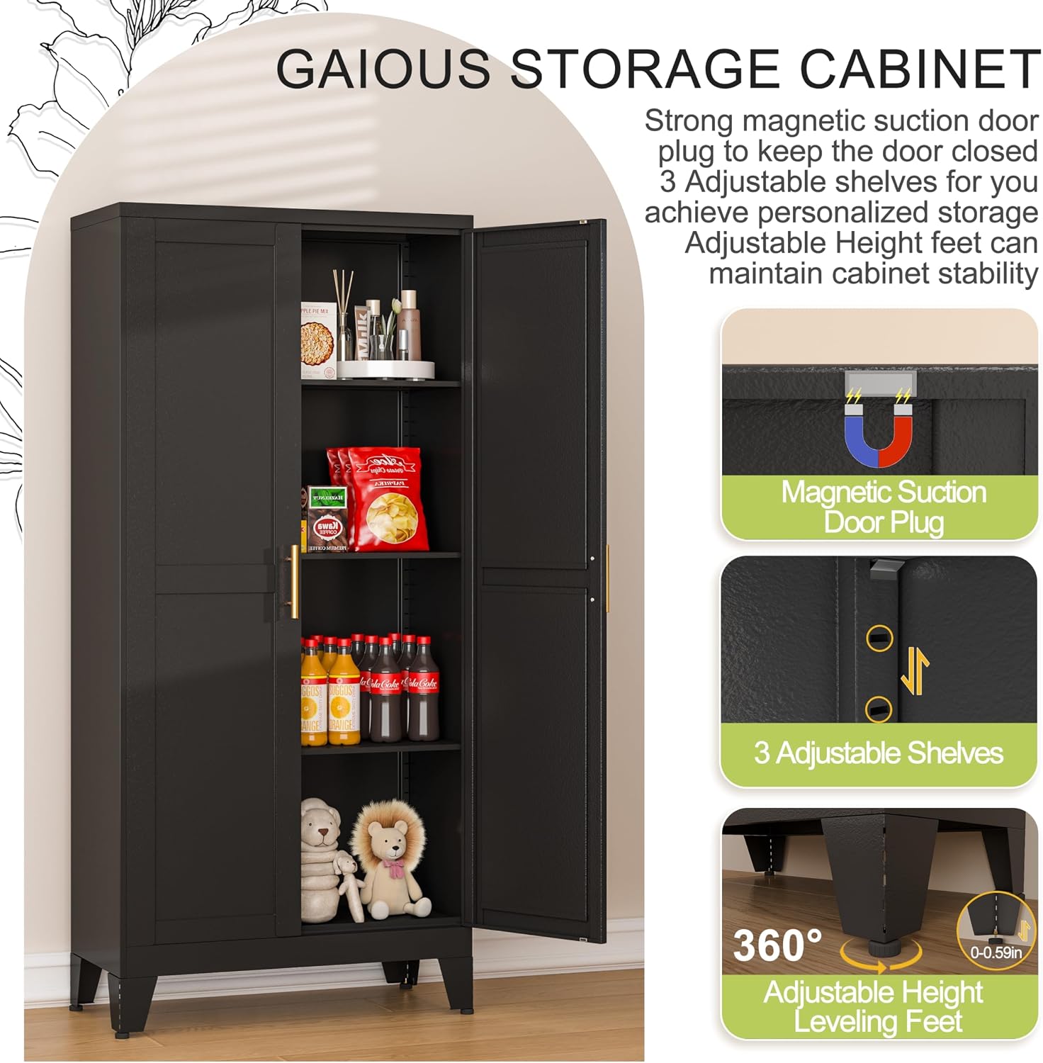 Black Metal Storage Cabinet Adjustable Multi Room Shelves