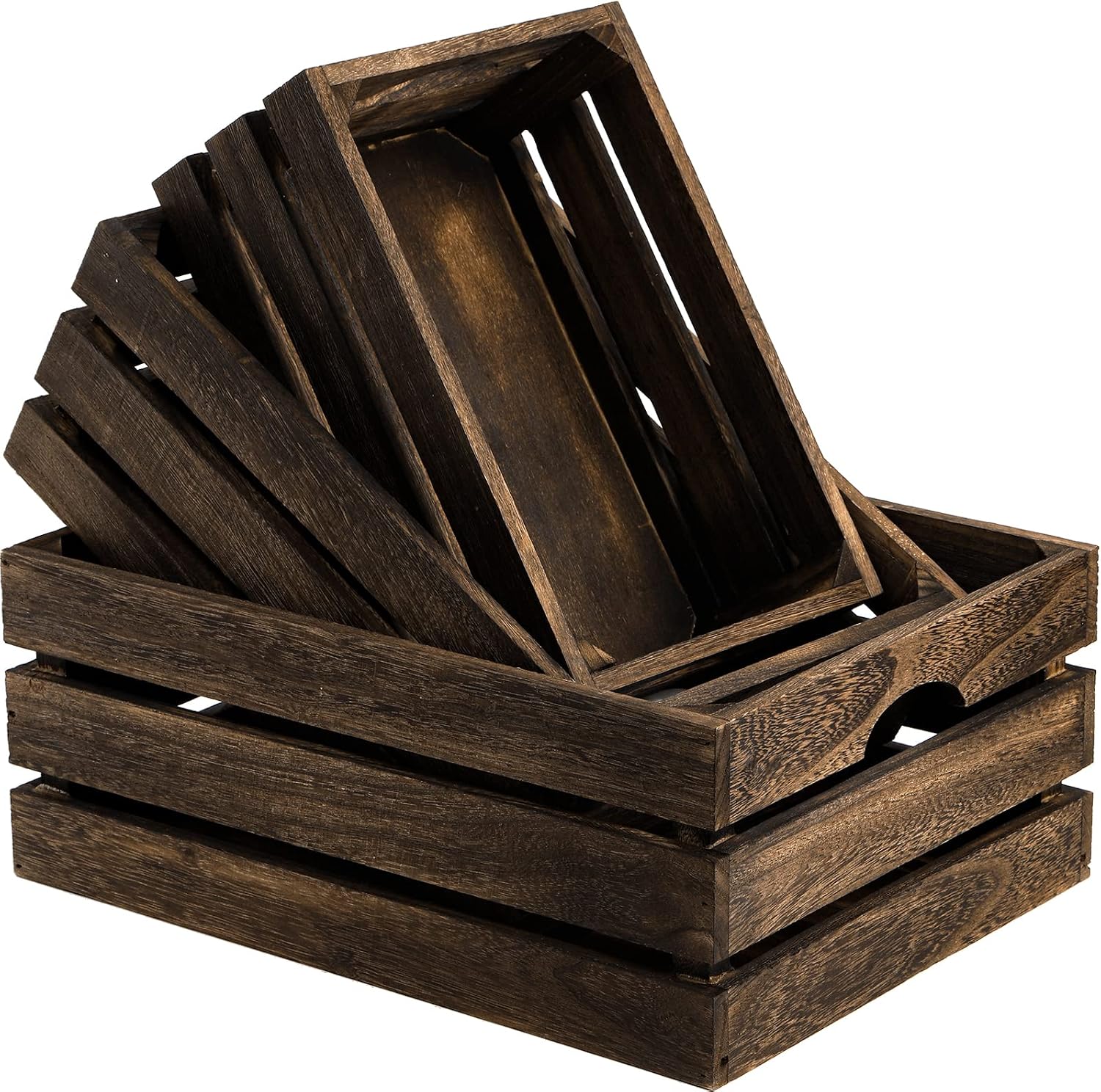 3 Pack Rustic Nesting Wood Crates With Handles Storage