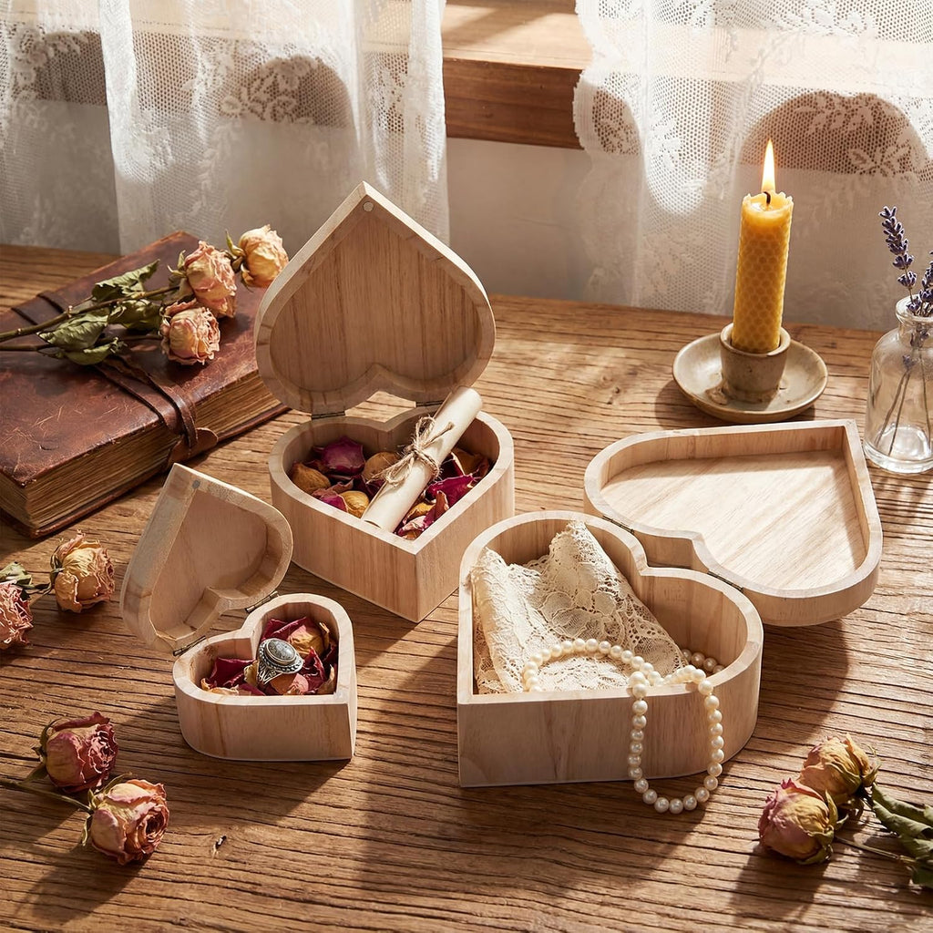 Unfinished Pine Heart Wooden Boxes DIY Craft Storage Set