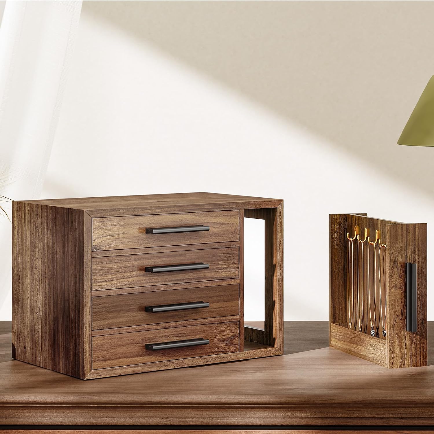 Walnut Black 4-Layer Wooden Jewelry Box Transparent Window
