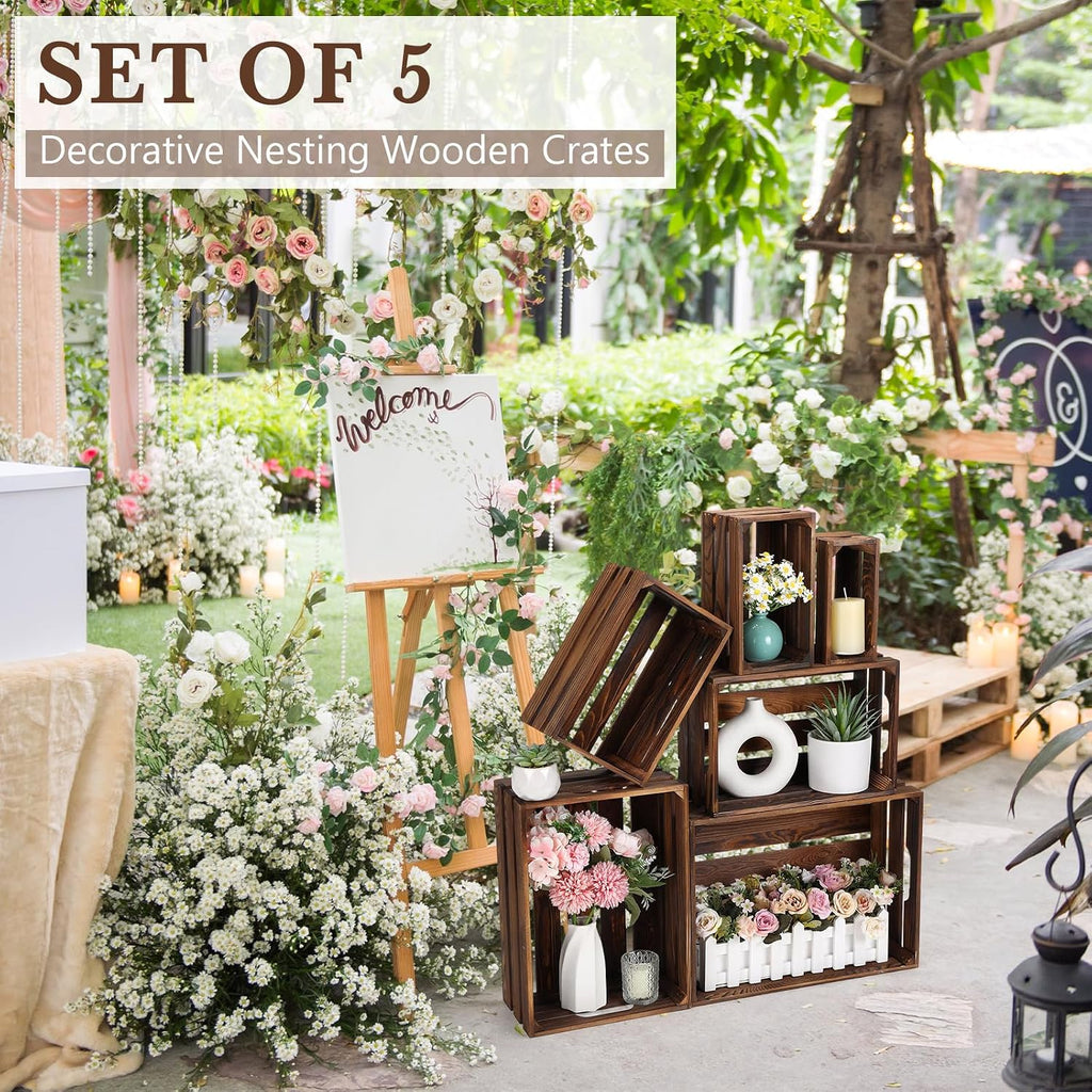 6 Pack Vintage Brown Nesting Wood Crates With Handles