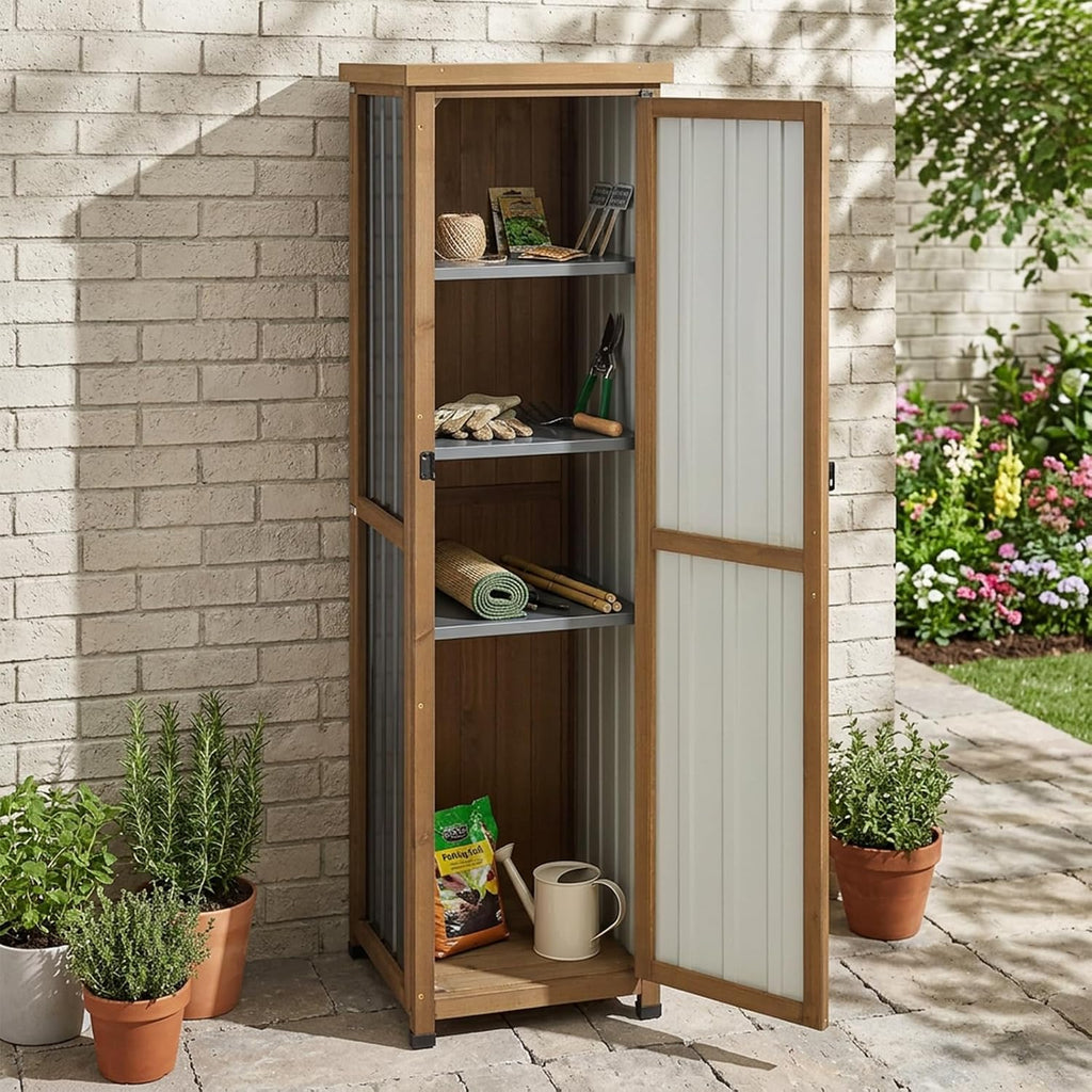 Weatherproof Wooden Outdoor Storage Bench Metal Top Shelves