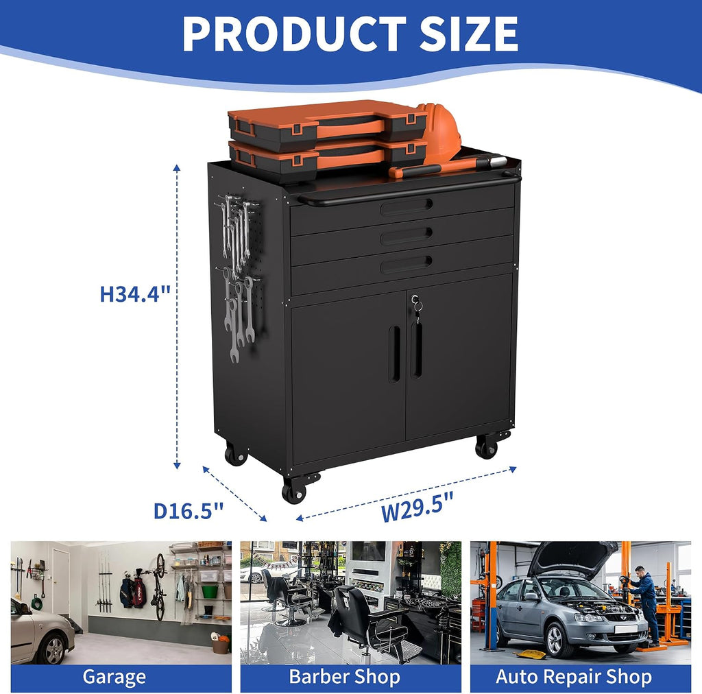 Lockable Rolling Metal Tool Cabinet 3 Drawers Garage Storage