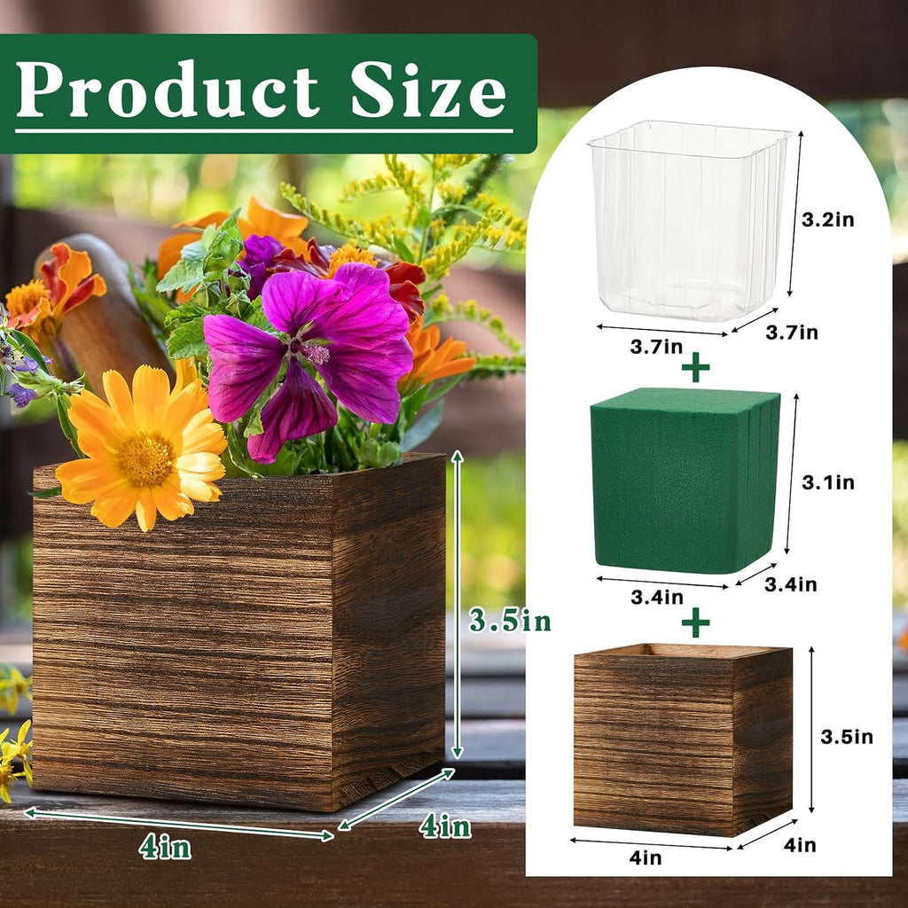 12 Pack Rustic Wood Cube Planter Box Plastic Liner