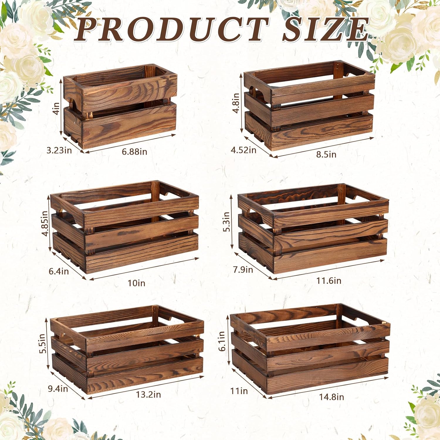 6 Pack Vintage Brown Nesting Wood Crates With Handles