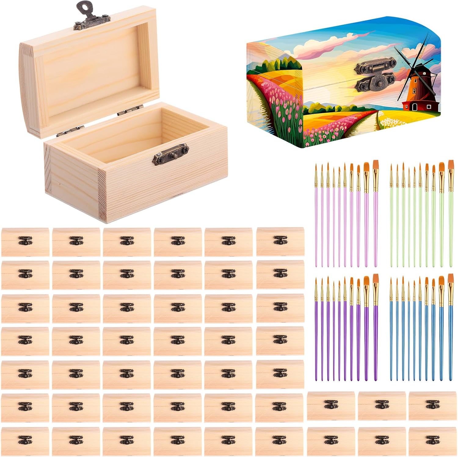 48 Pack Unfinished Wooden Treasure Boxes With Paintbrushes