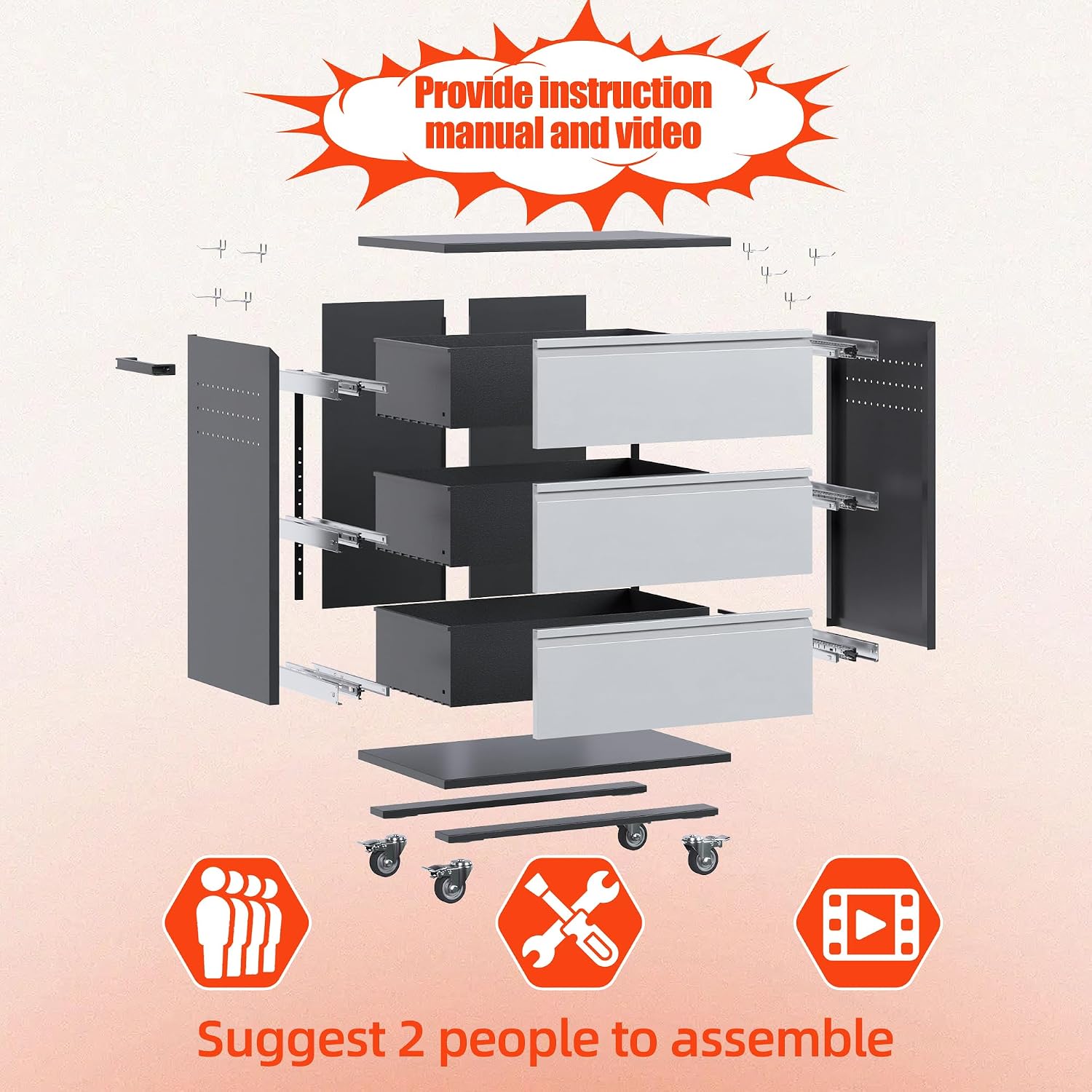 Black Gray Rolling 3-Drawer Tool Cabinet Pegboards Casters