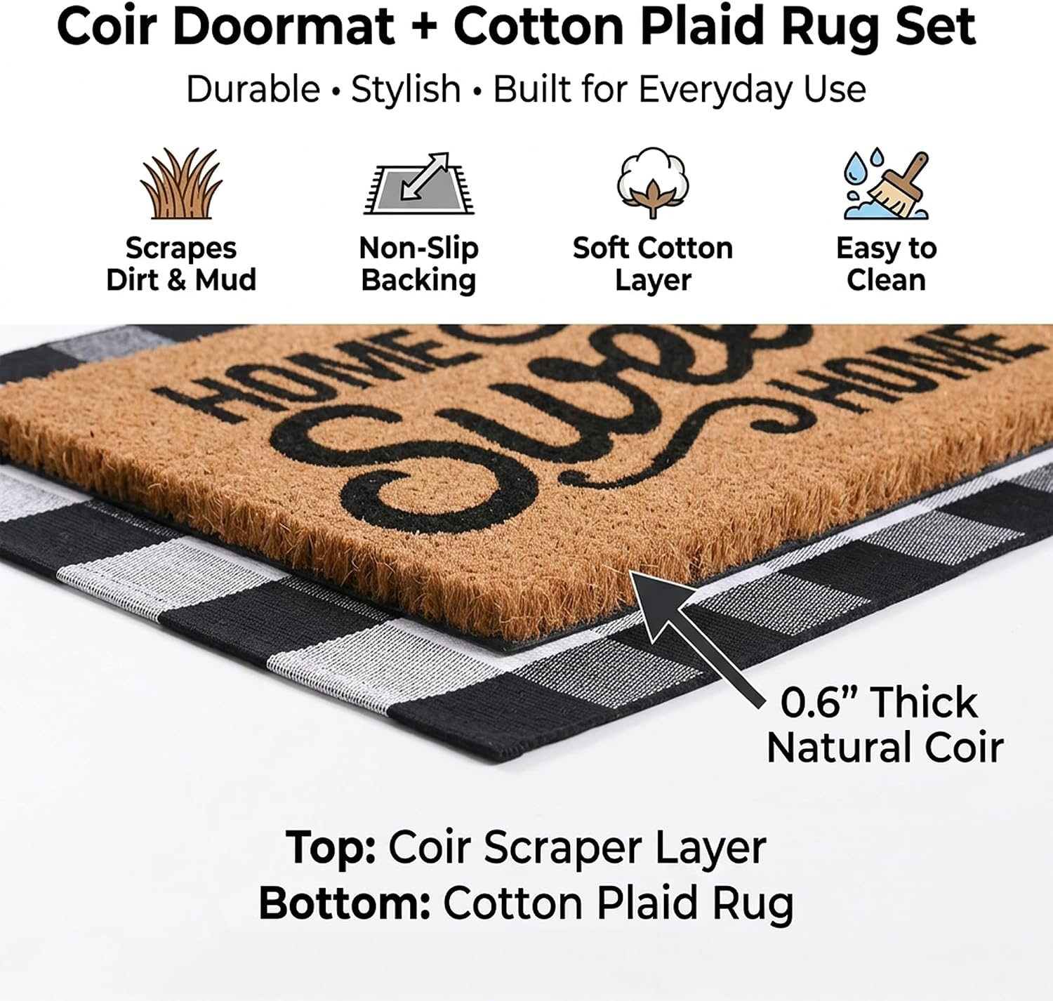 2 Pack Buffalo Plaid Coir Home Sweet Home Doormat