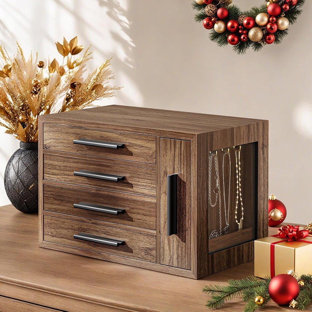 Walnut Black 4-Layer Wooden Jewelry Box Transparent Window