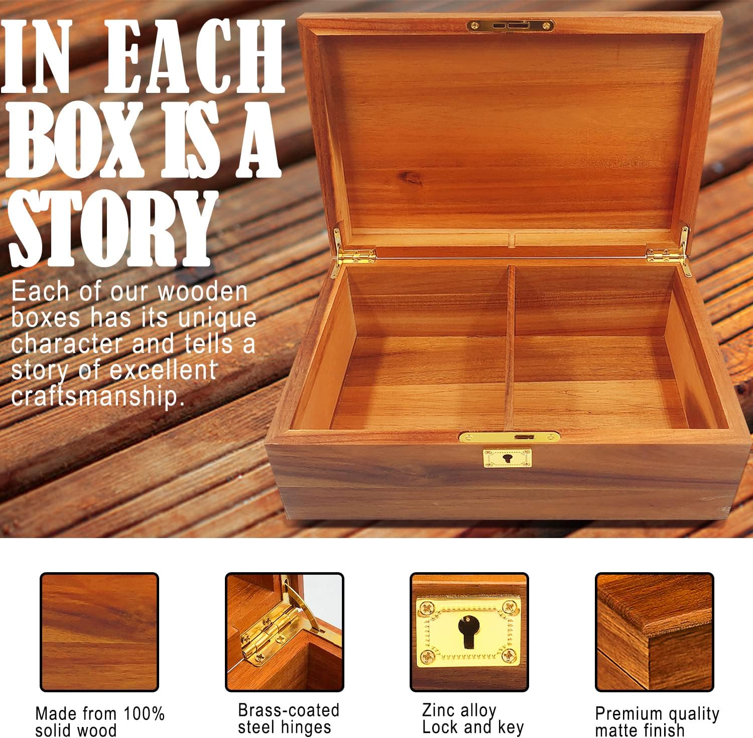 Acacia Wood Keepsake Storage Box Lock Key Hinged Lid