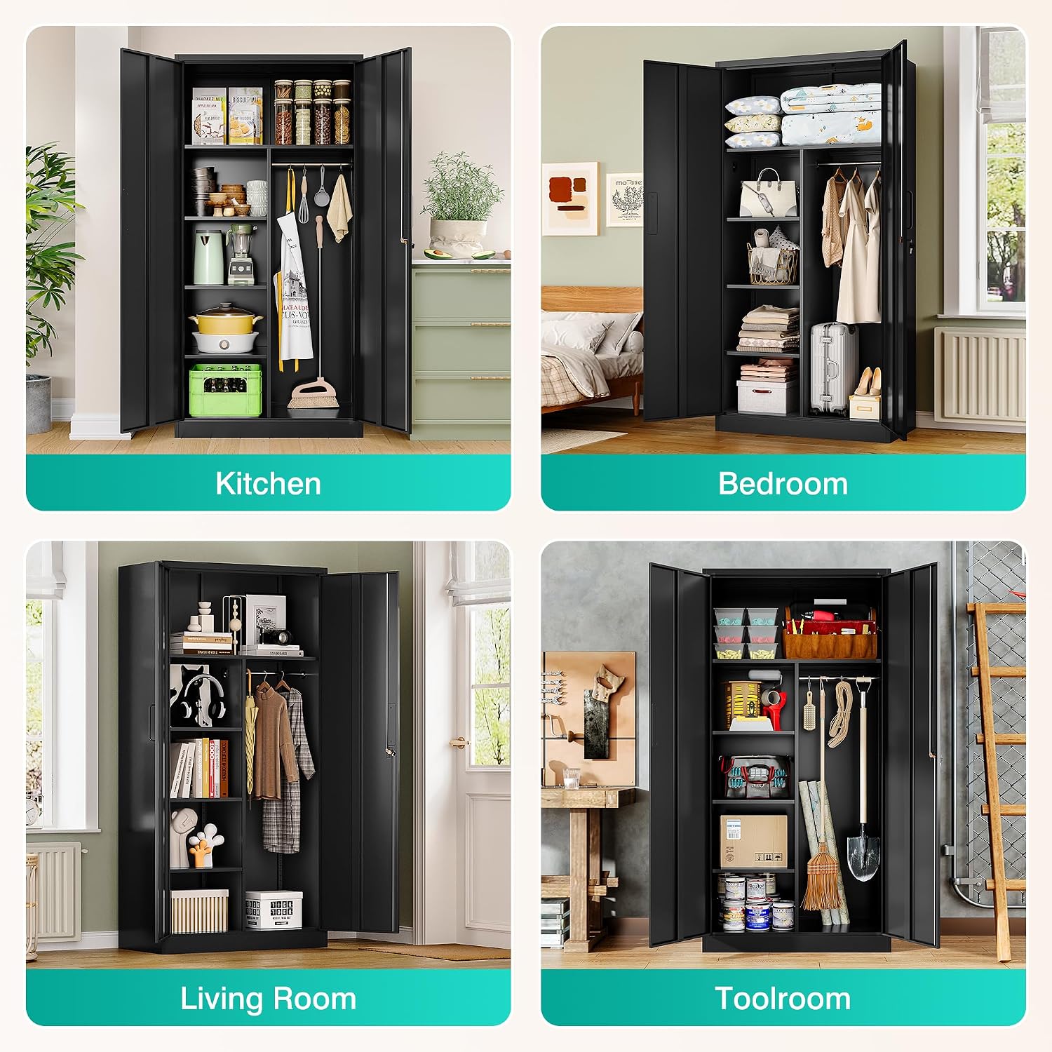 Black Tall Lockable Metal Wardrobe Garage Storage Cabinet