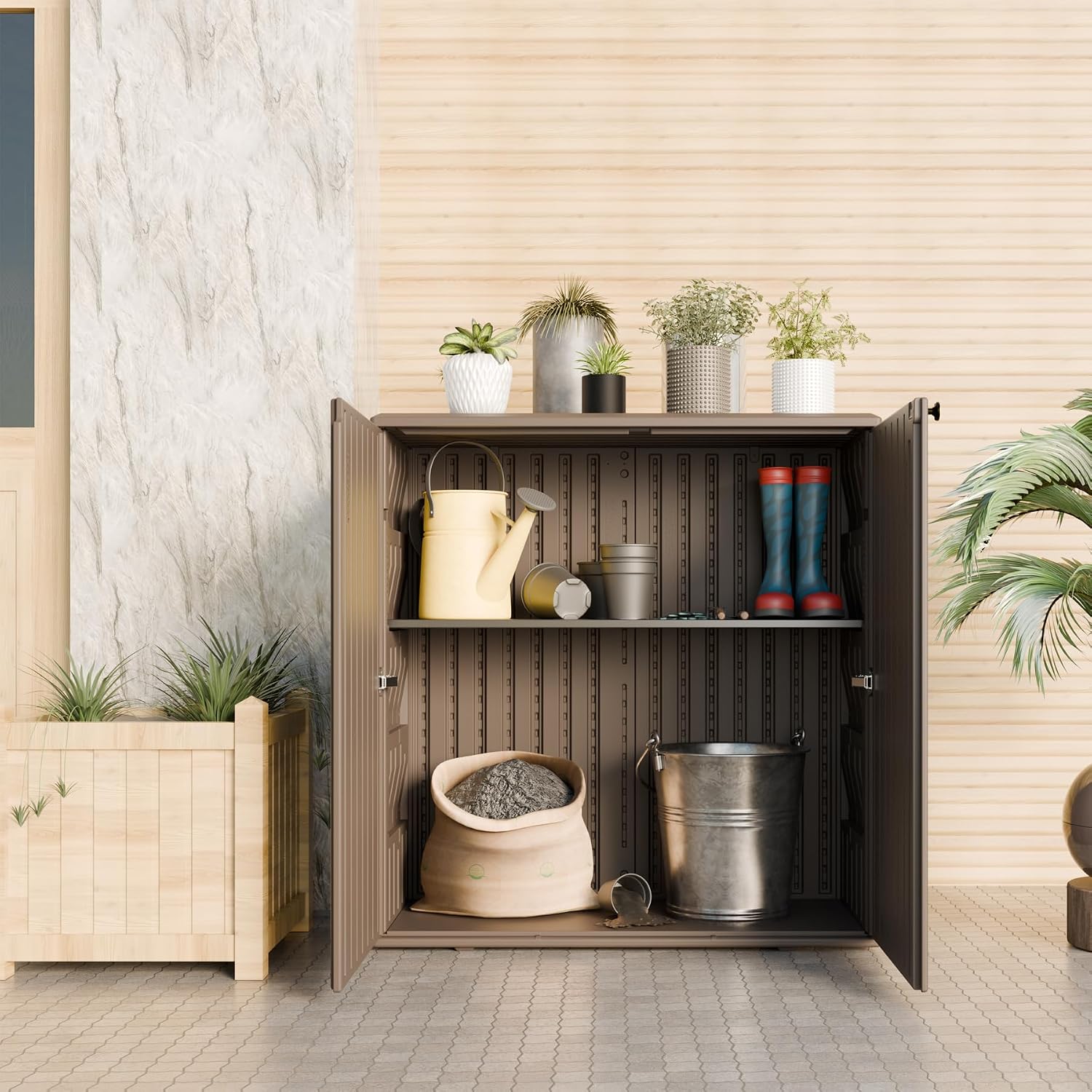 Brown Waterproof Plastic Cabinet Indoor Outdoor Storage Shelf