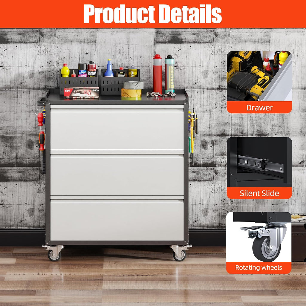 Black Gray Rolling 3-Drawer Tool Cabinet Pegboards Casters
