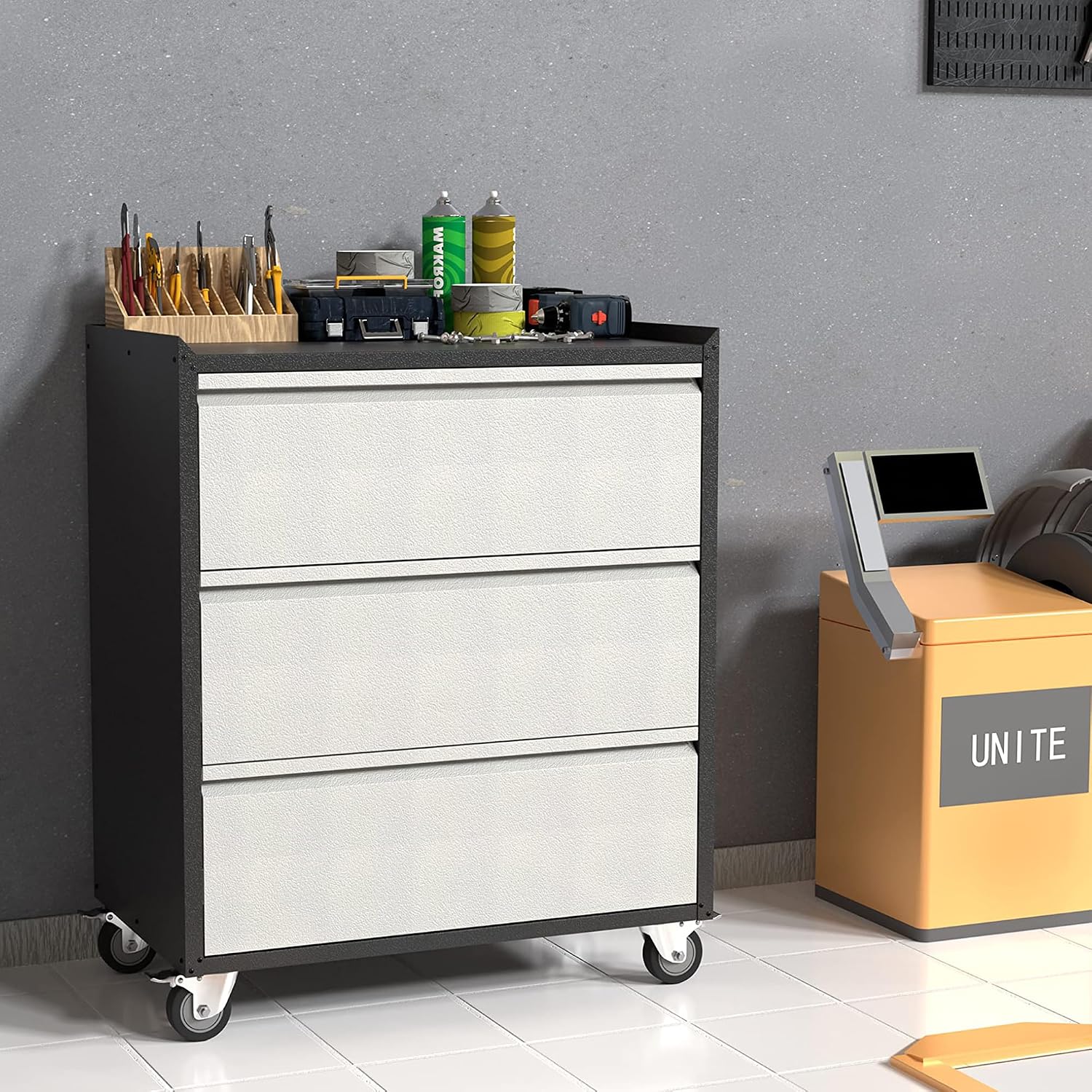 35.4in Rolling Metal Tool Cabinet 3 Drawers Workbench Top