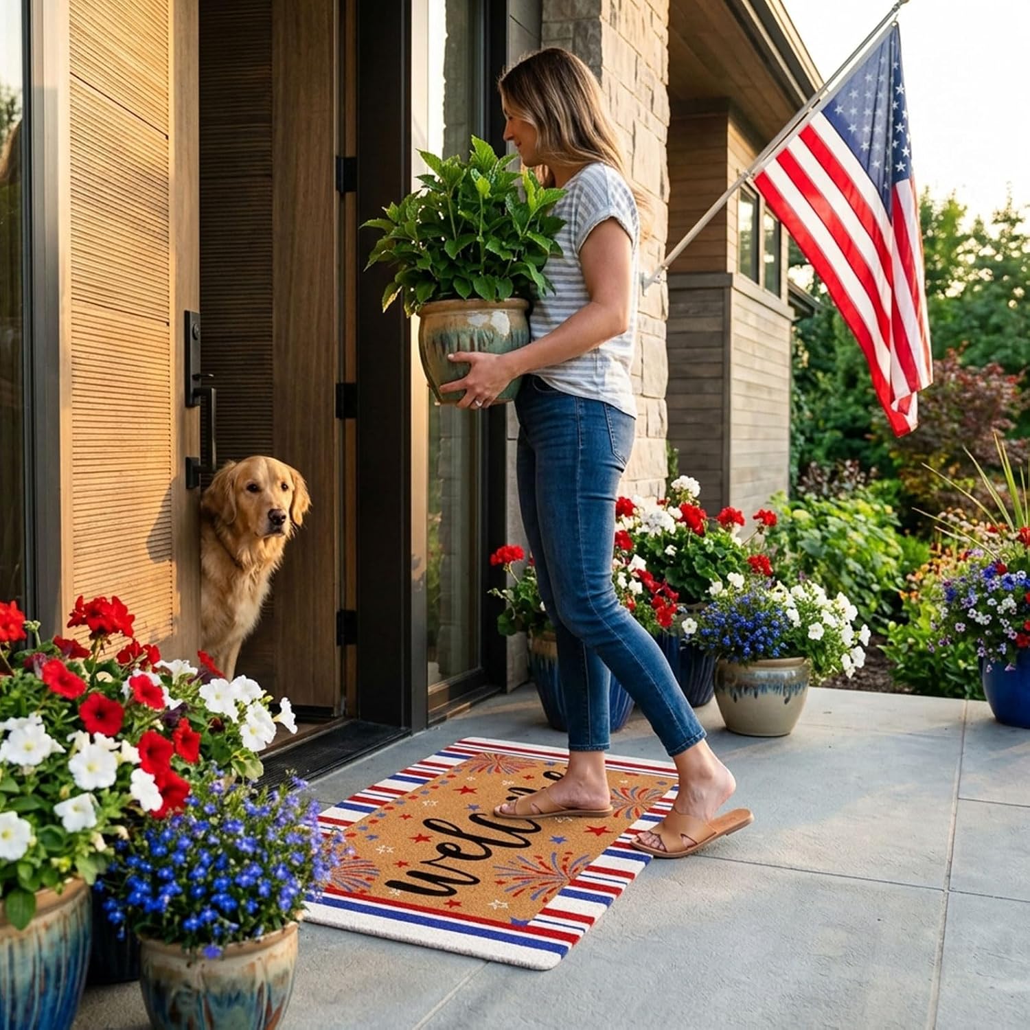 17x30 Patriotic Red White Blue Coir Welcome Doormat
