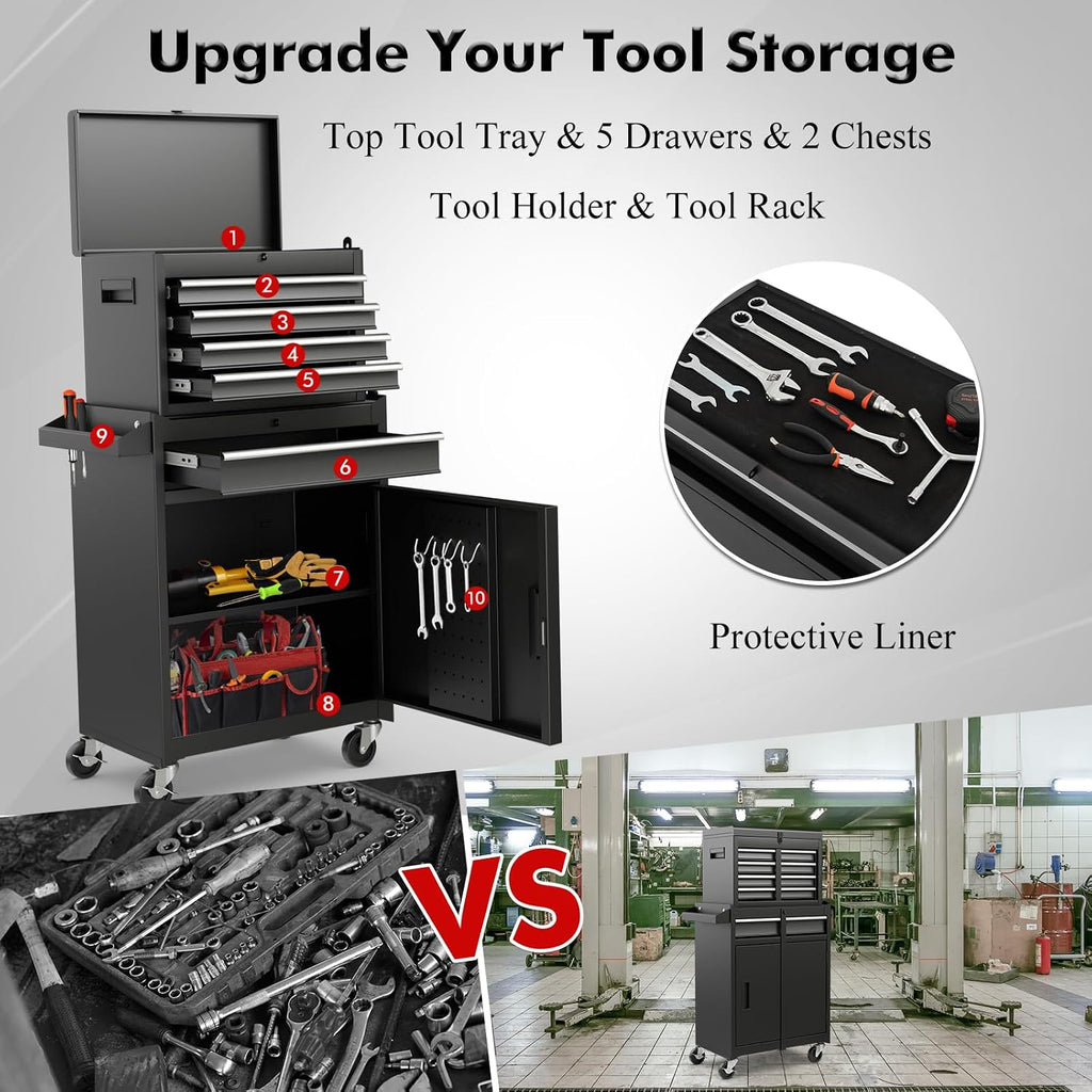 Black Rolling 5-Drawer Removable Lockable Metal Tool Chest