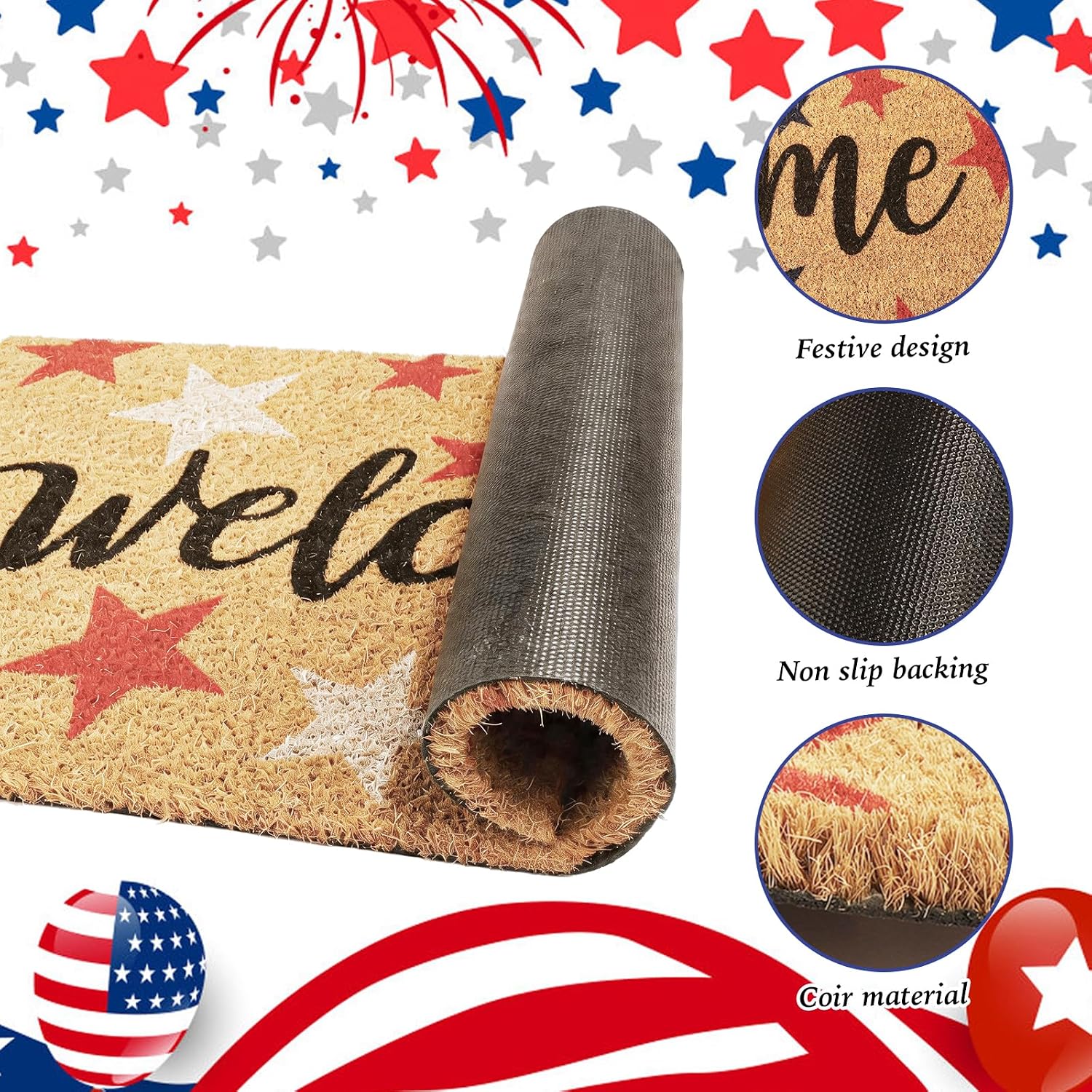 29.5x16.5 Patriotic Coir Star Non Slip Welcome Doormat