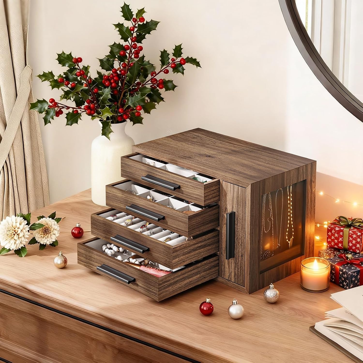 Walnut Black 4-Layer Wooden Jewelry Box Transparent Window