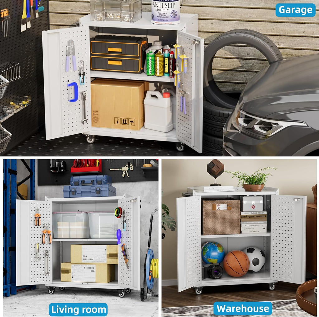 Rolling Steel Lockable Storage Cabinet Pegboard Adjustable Shelf