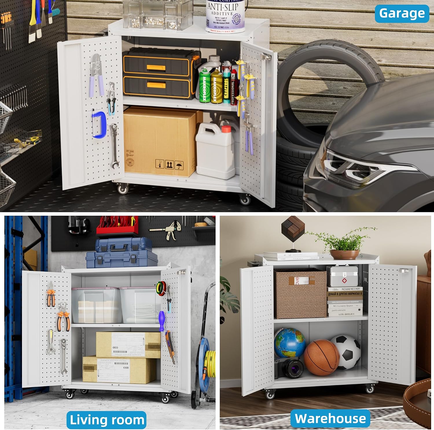 Rolling Steel Lockable Storage Cabinet Pegboard Adjustable Shelf