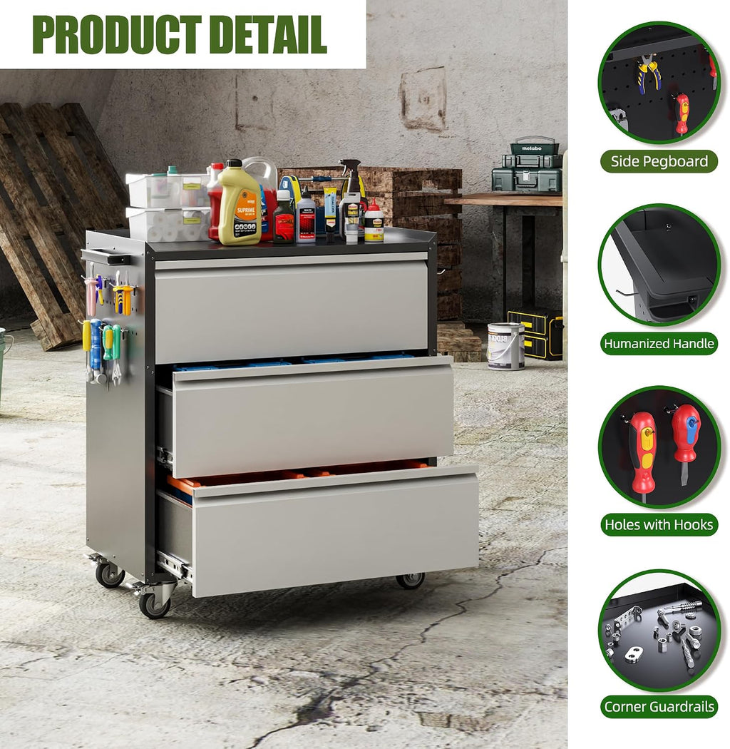 Rolling Metal Tool Cabinet Pegboards Lockable Casters Handle