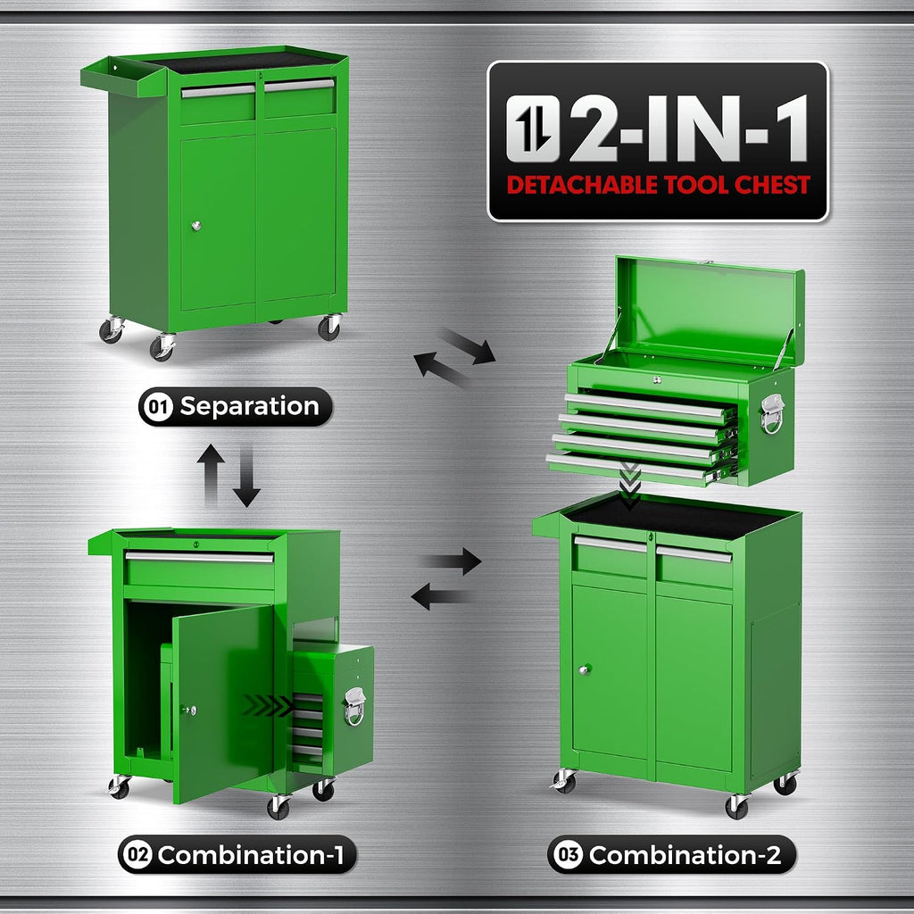 Green 5-Drawer Rolling Steel Tool Cabinet Lockable Wheels