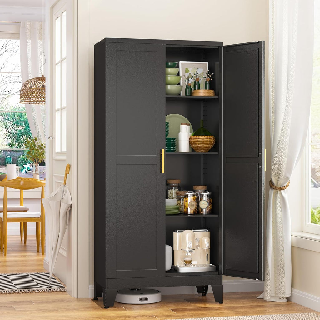 Black Metal Storage Cabinet Adjustable Multi Room Shelves