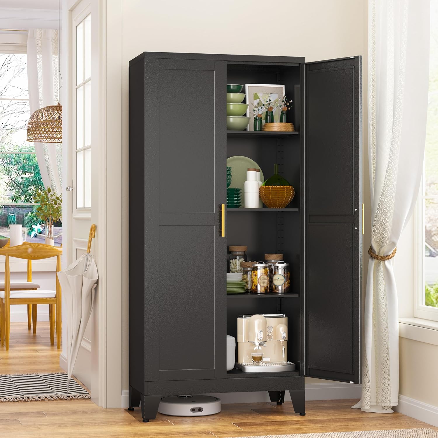 Black Metal Storage Cabinet Adjustable Multi Room Shelves