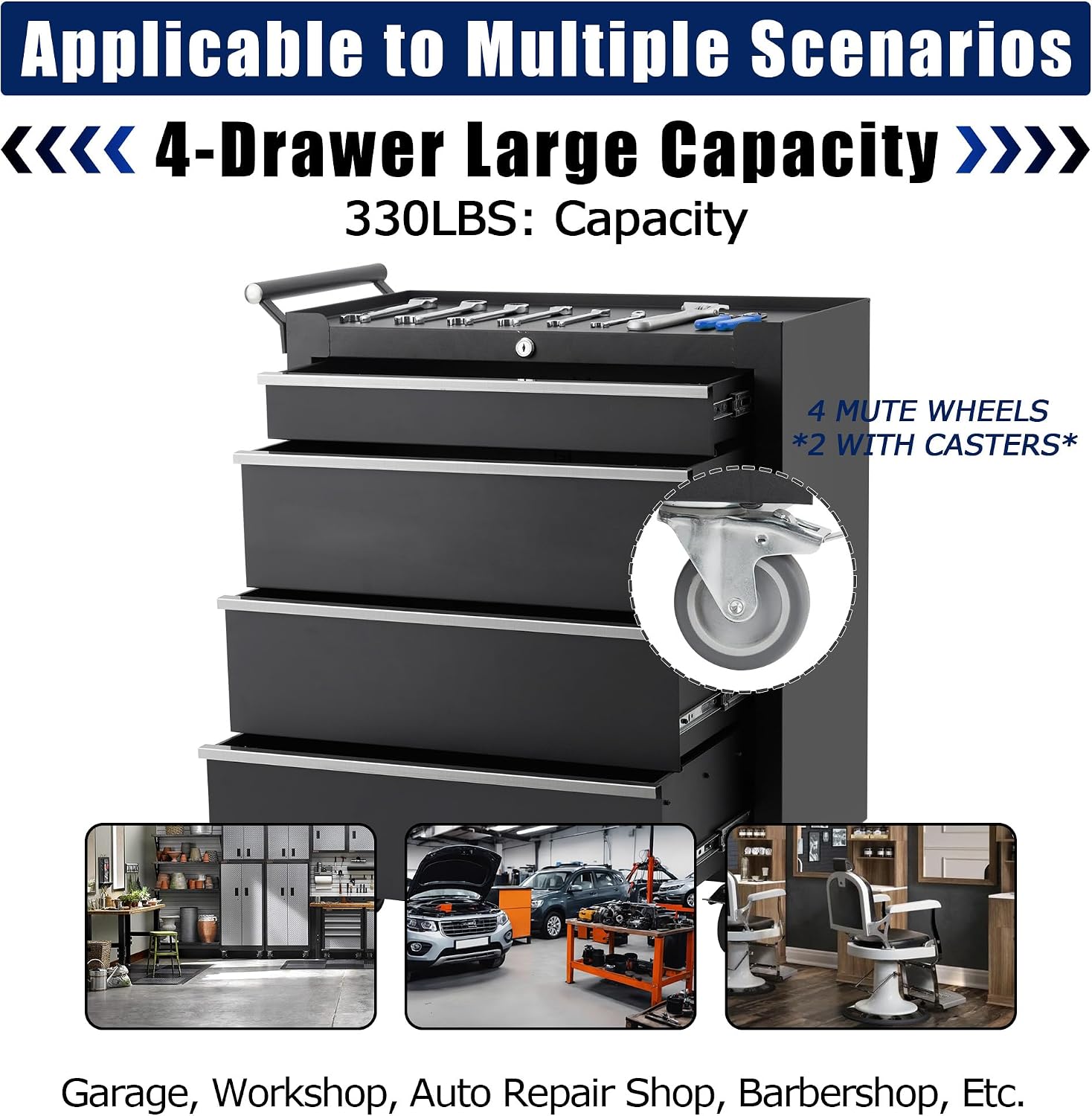 Black Rolling 4-Drawer Lockable Heavy Duty Tool Chest Cart