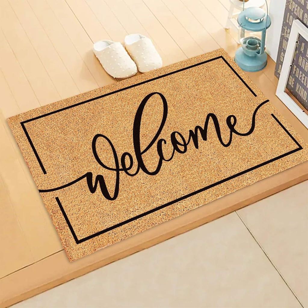 Natural Coir Welcome Doormat Rustic Brown Black Border Non Slip