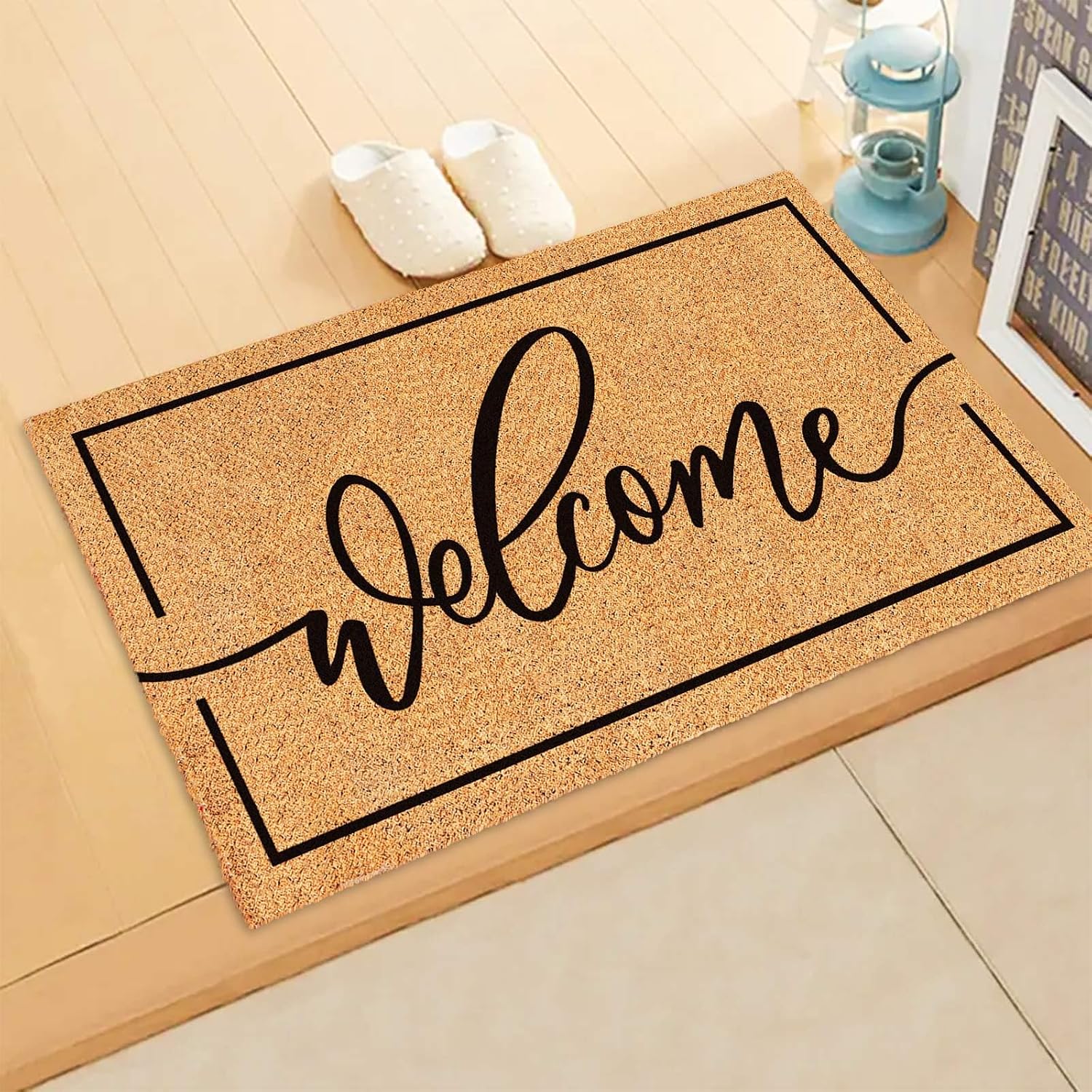 Natural Coir Welcome Doormat Rustic Brown Black Border Non Slip